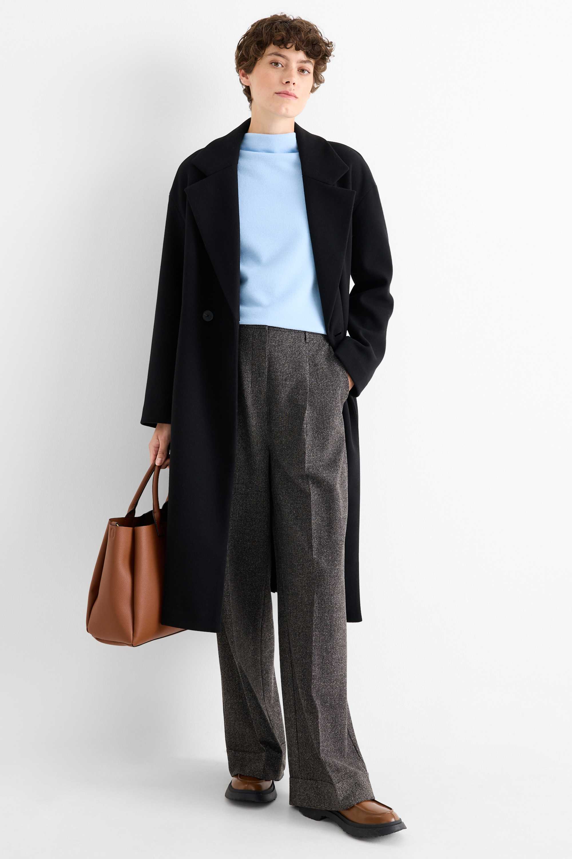 Cloth trousers - high waist - wide leg - textured dark gray