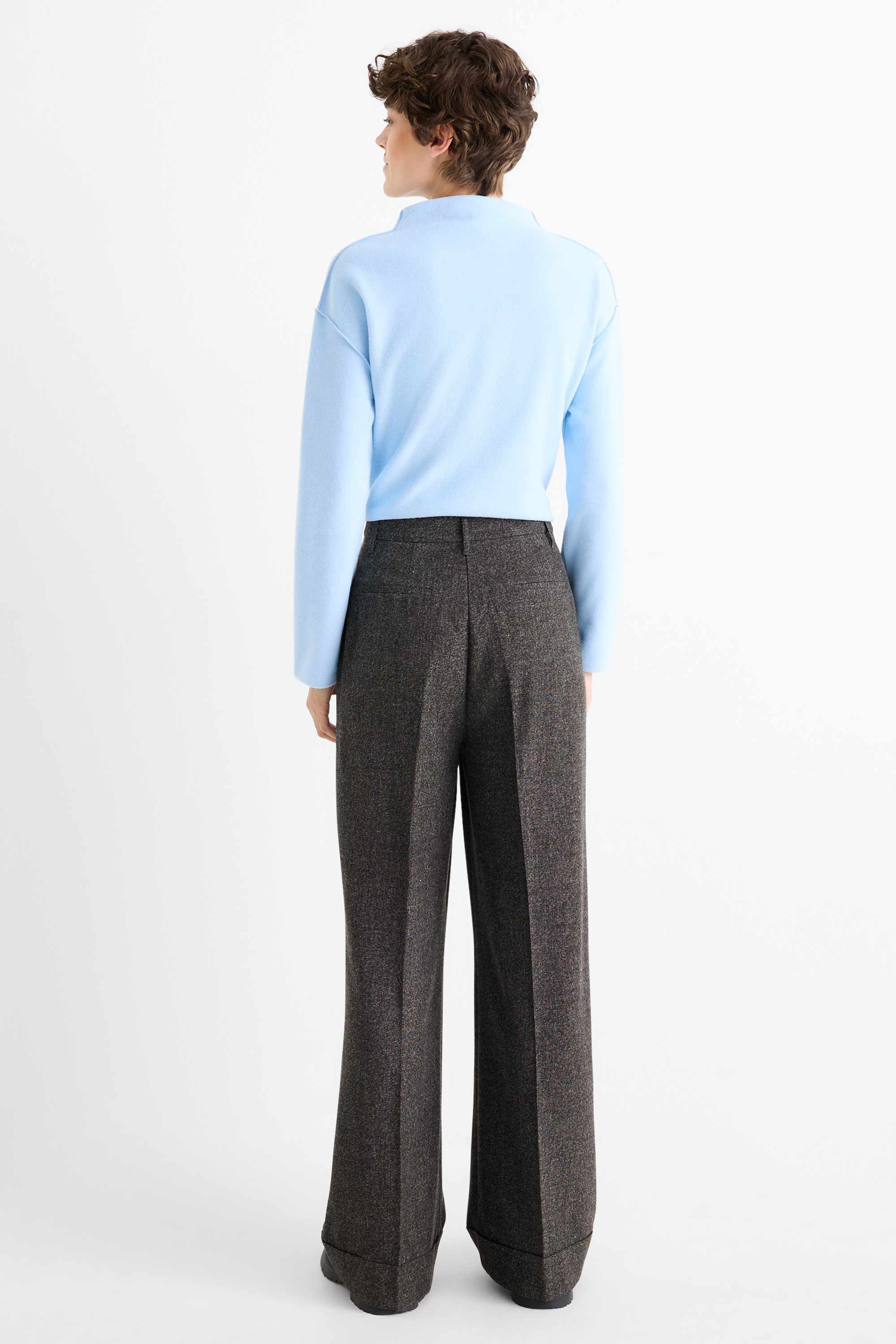 Cloth trousers - high waist - wide leg - textured dark gray