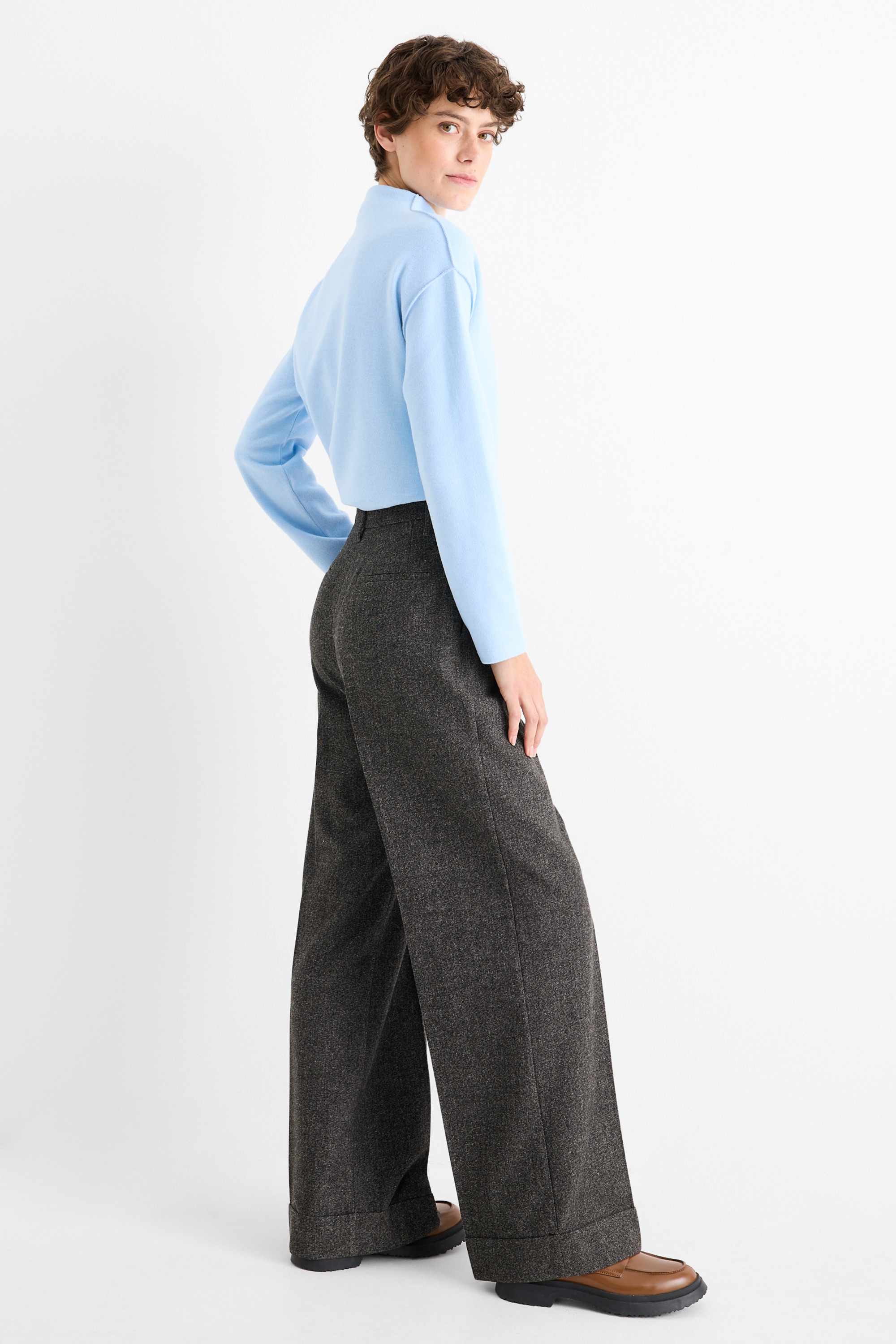 Cloth trousers - high waist - wide leg - textured dark gray