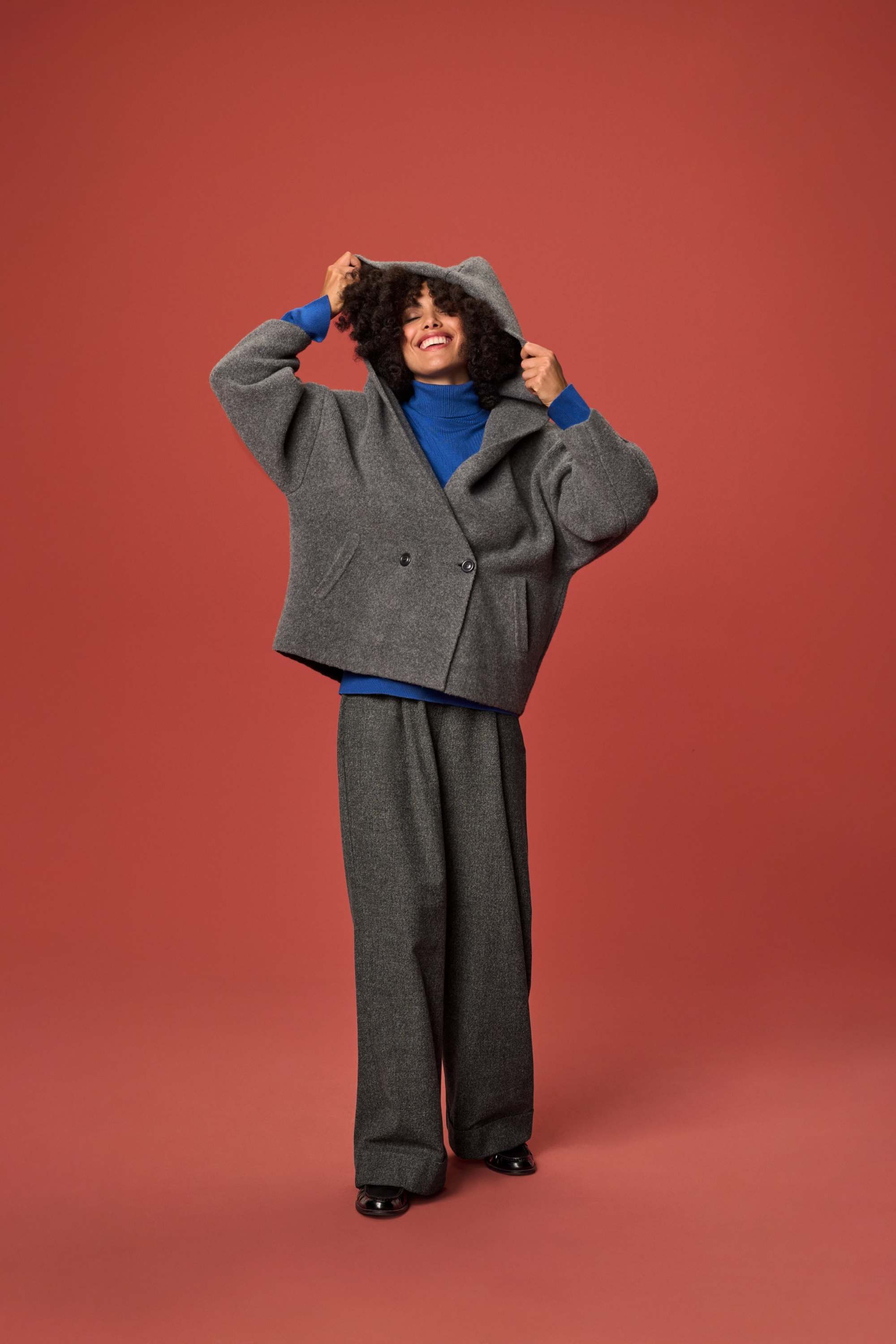 Cloth trousers - high waist - wide leg - textured dark gray