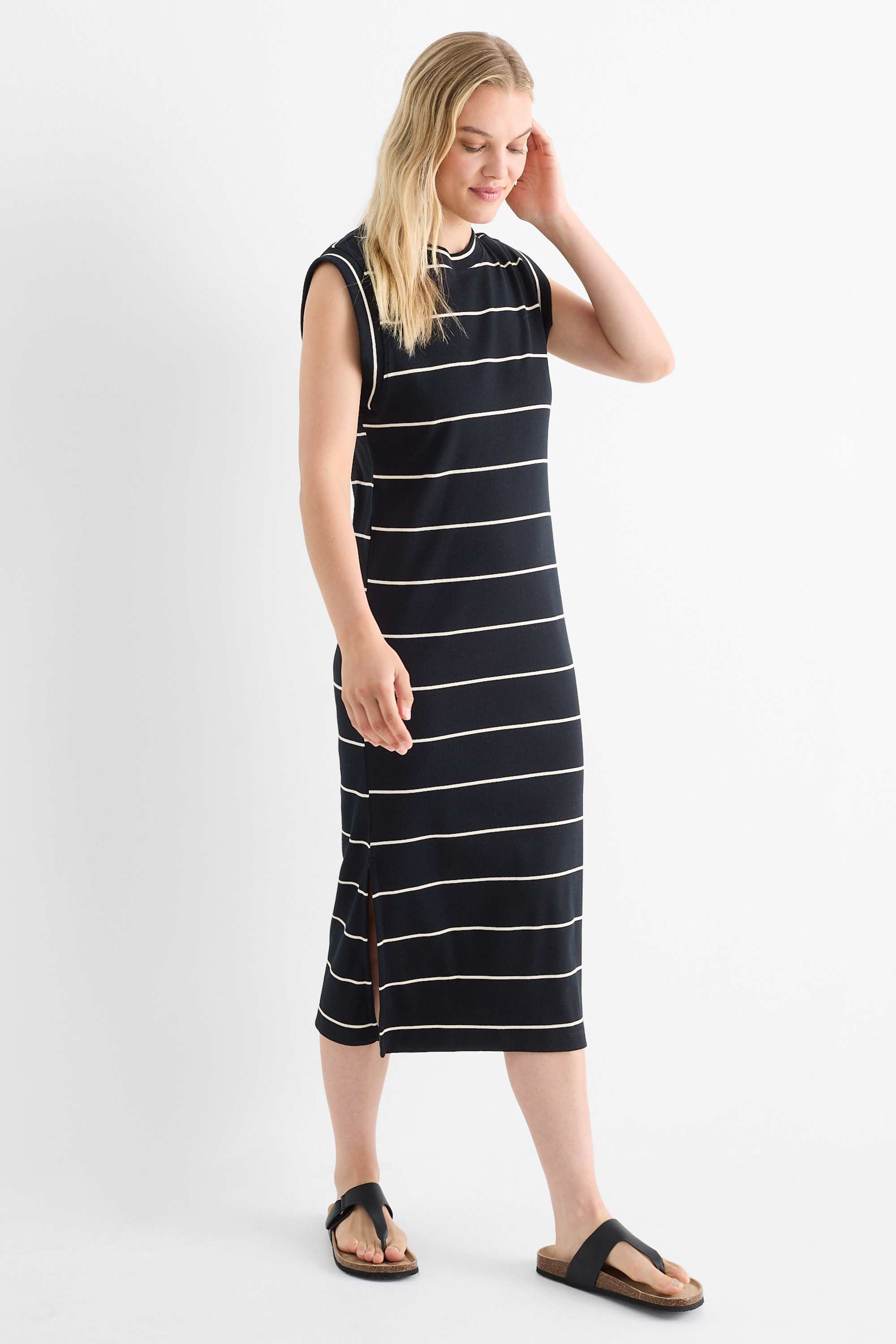 T-shirt dress - ribbed - striped black / beige
