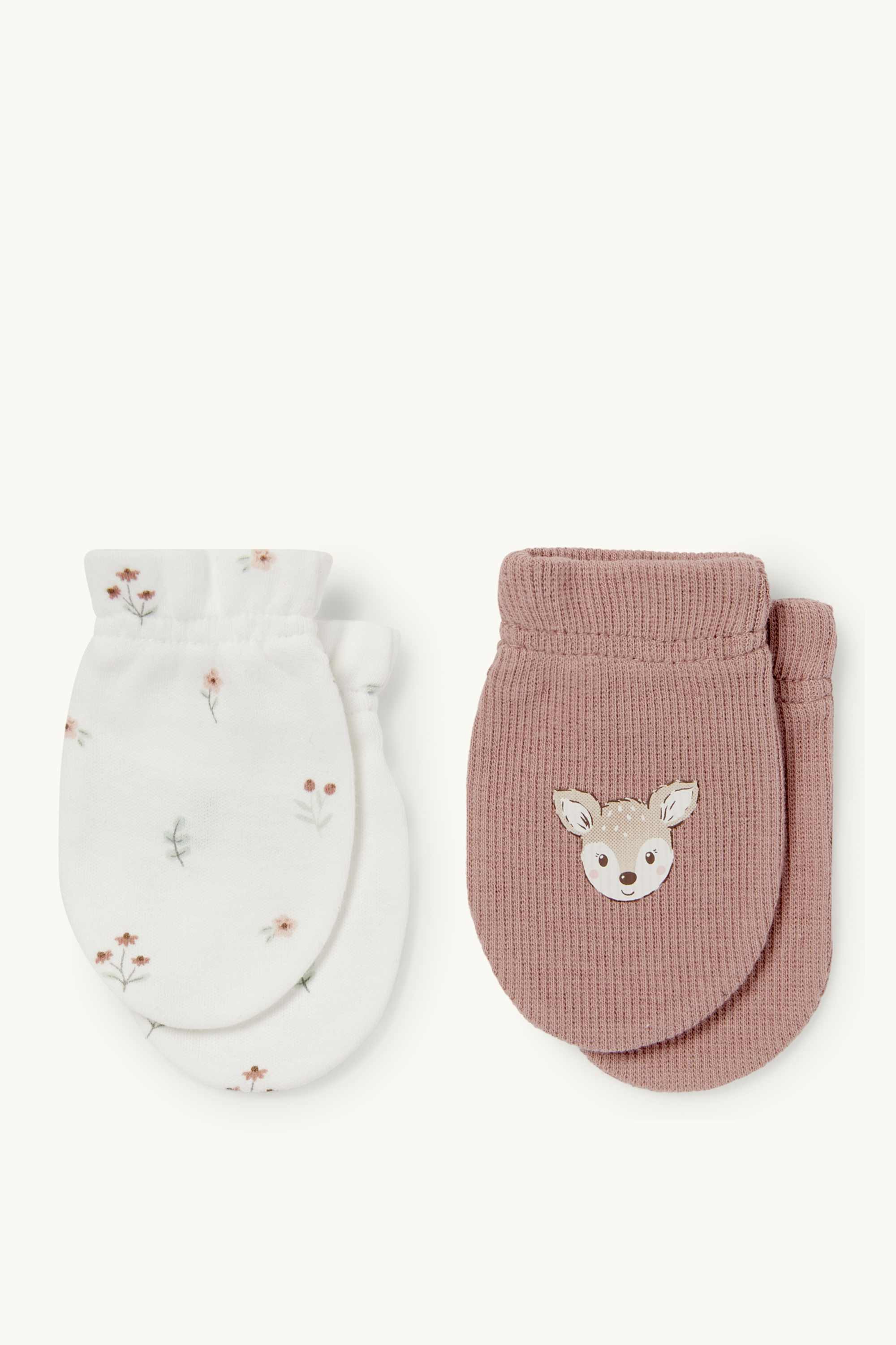 Multipack of 2 - flowers and fawn - scratch mittens dark rose