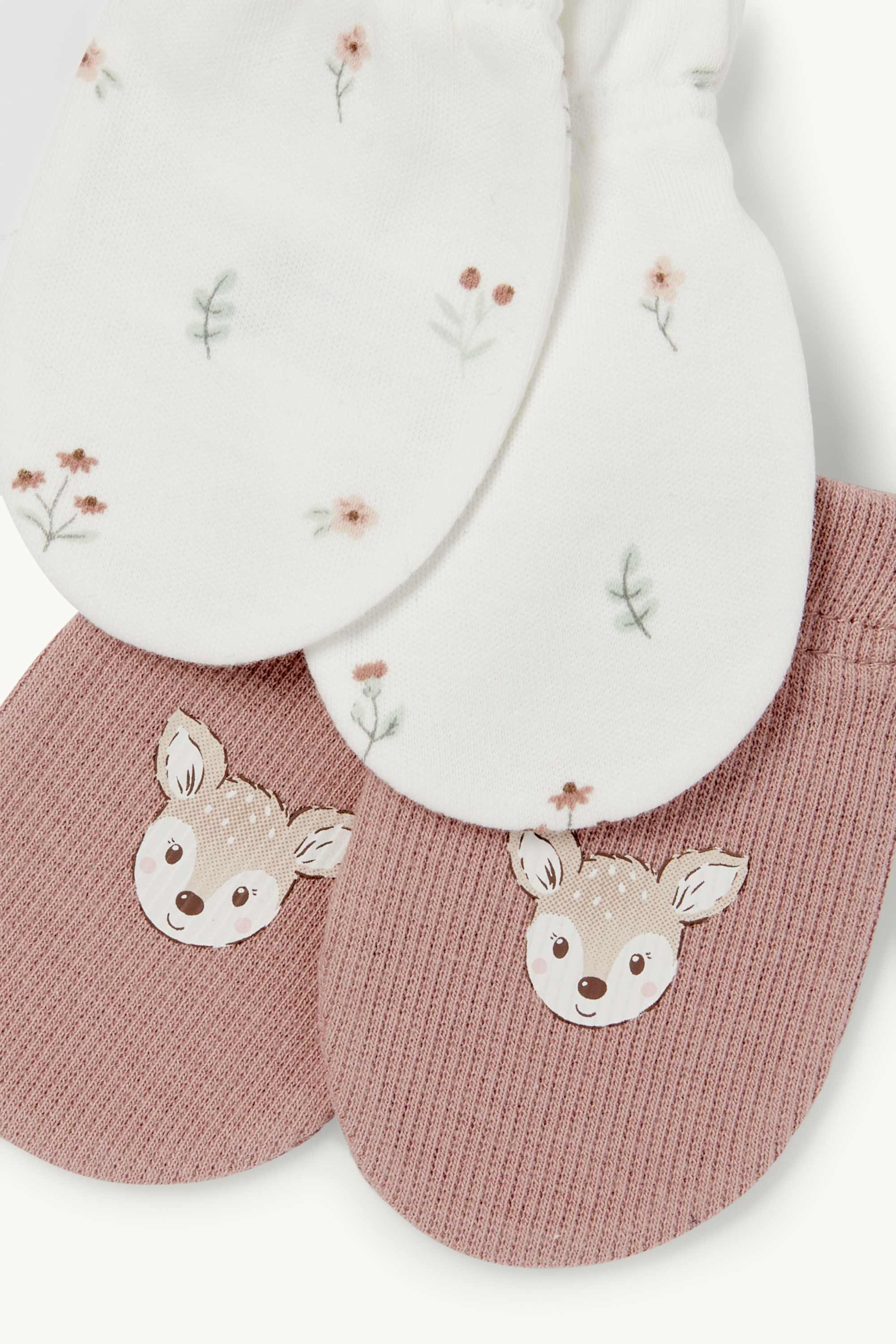 Multipack of 2 - flowers and fawn - scratch mittens dark rose