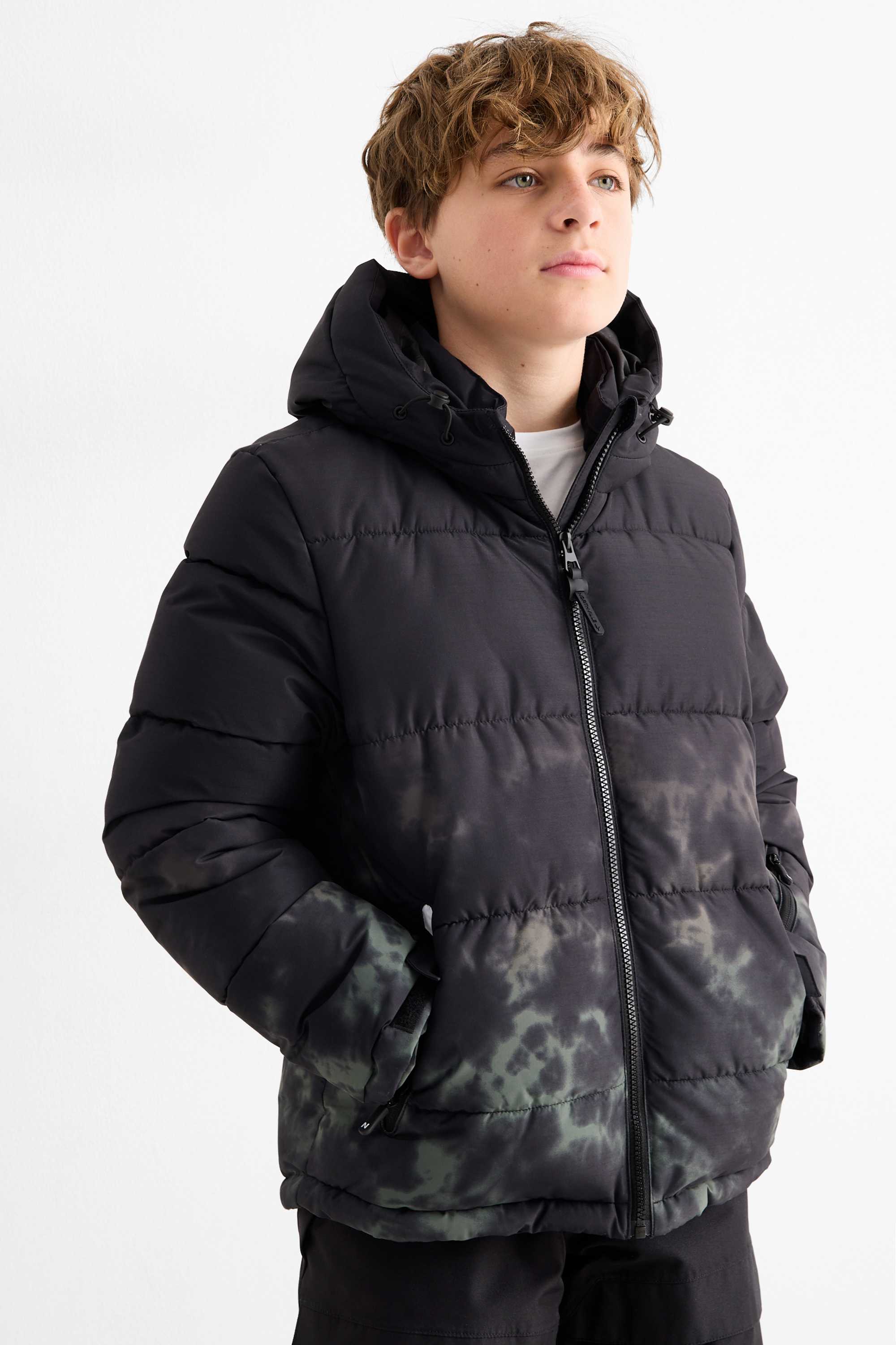 Ski jacket with hood - water-repellent - patterned black