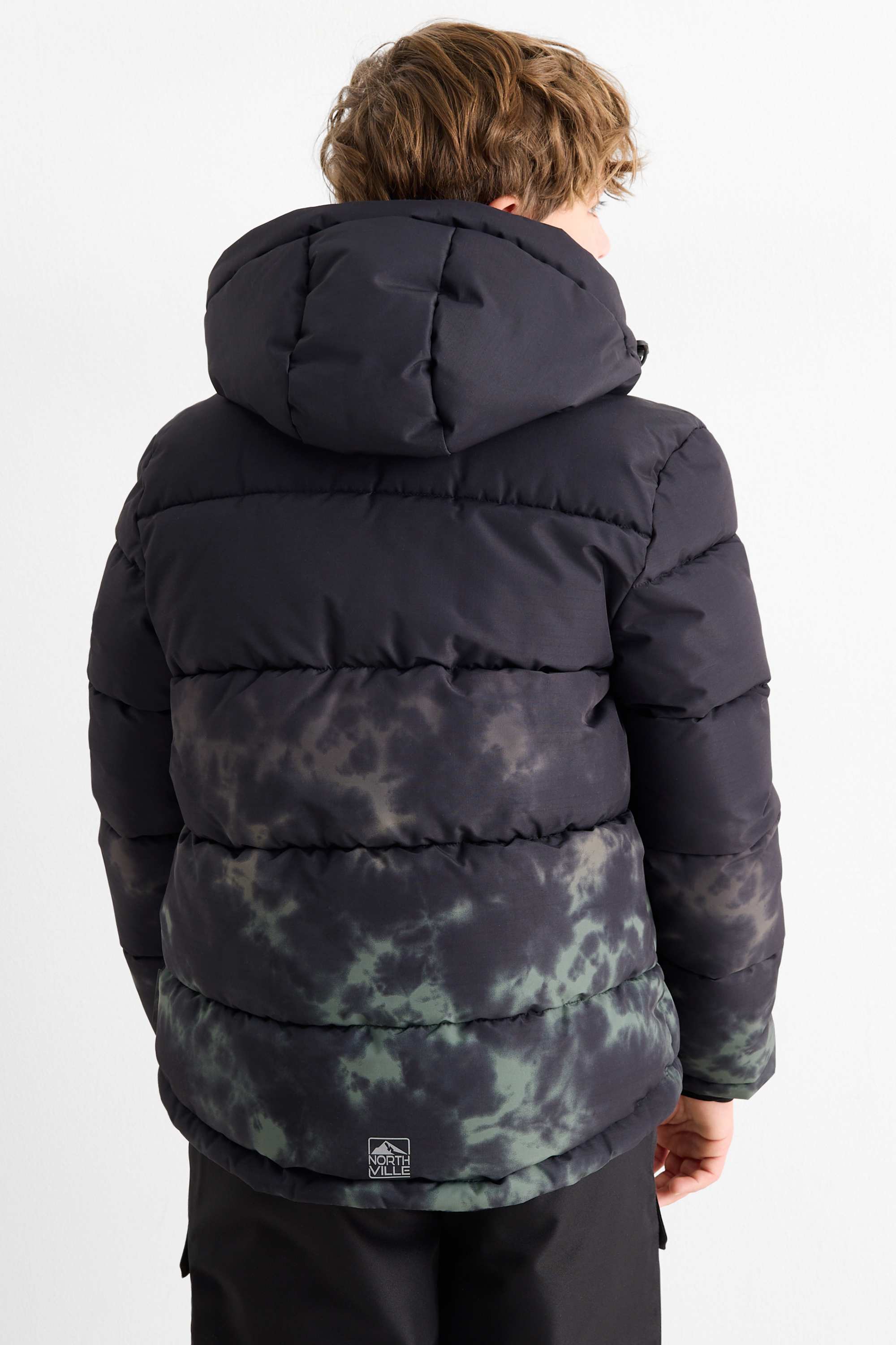 Ski jacket with hood - water-repellent - patterned black