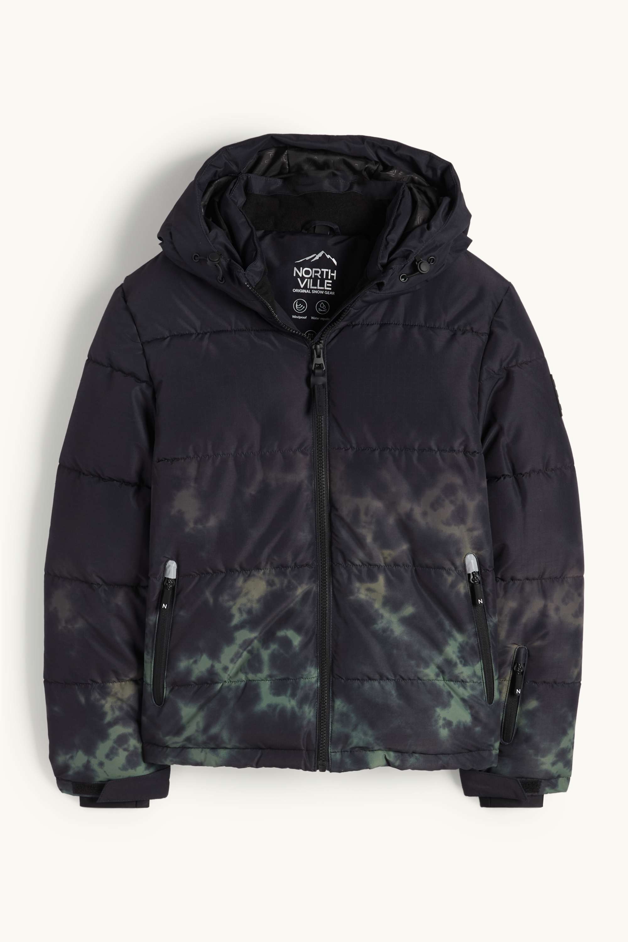 Ski jacket with hood - water-repellent - patterned black