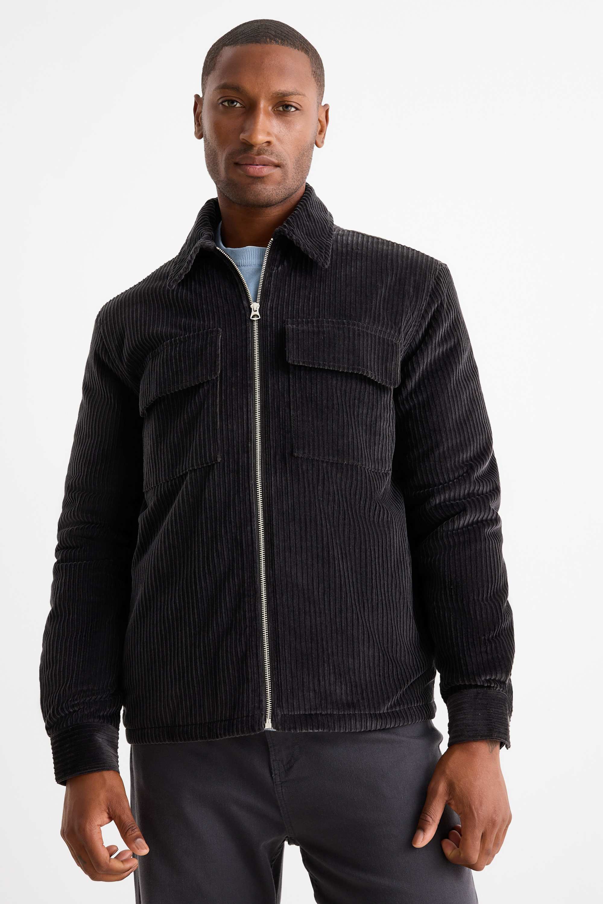 Corduroy shirt jacket - relaxed fit - lined - kent collar black