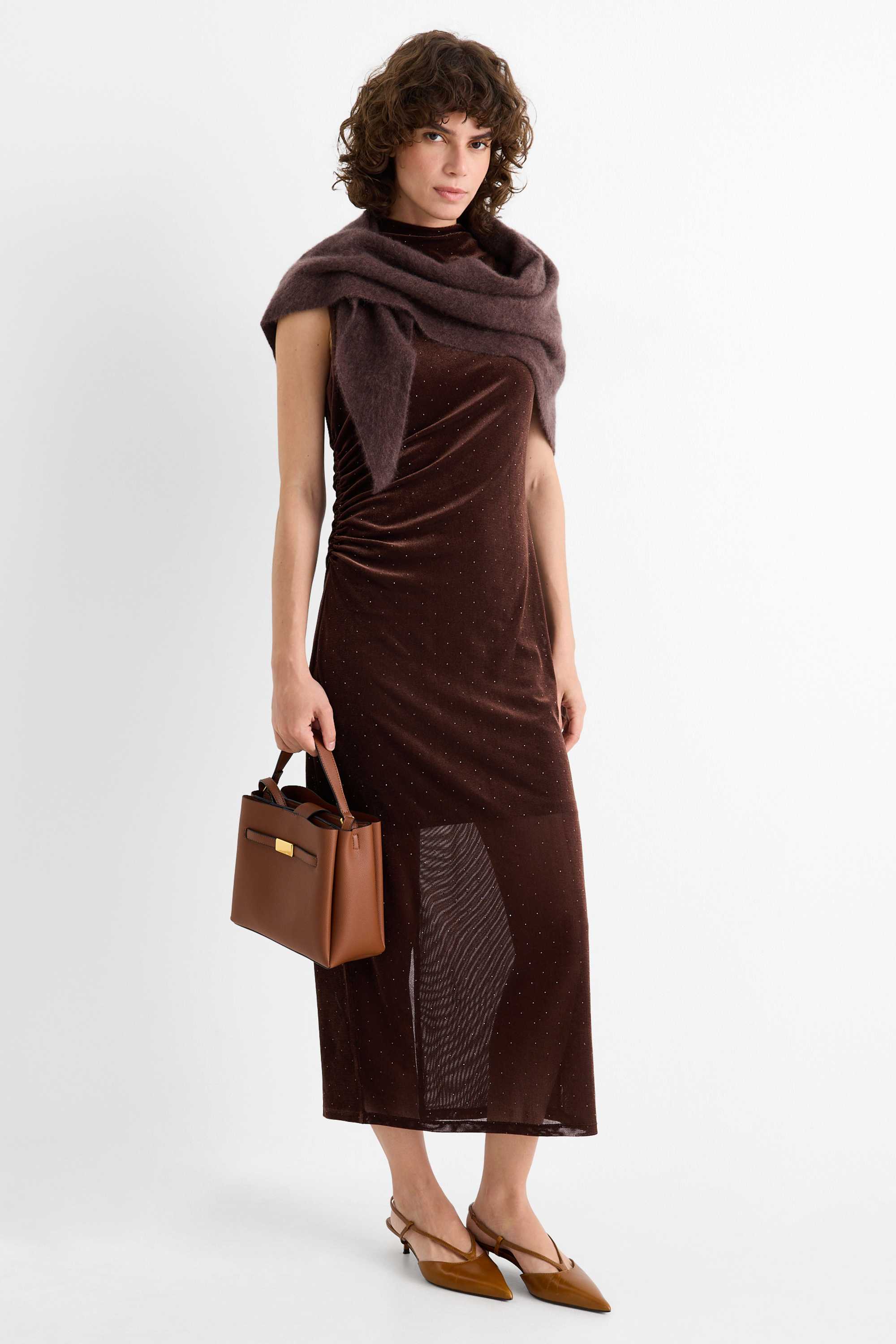 Velvet bodycon dress with rhinestones dark brown