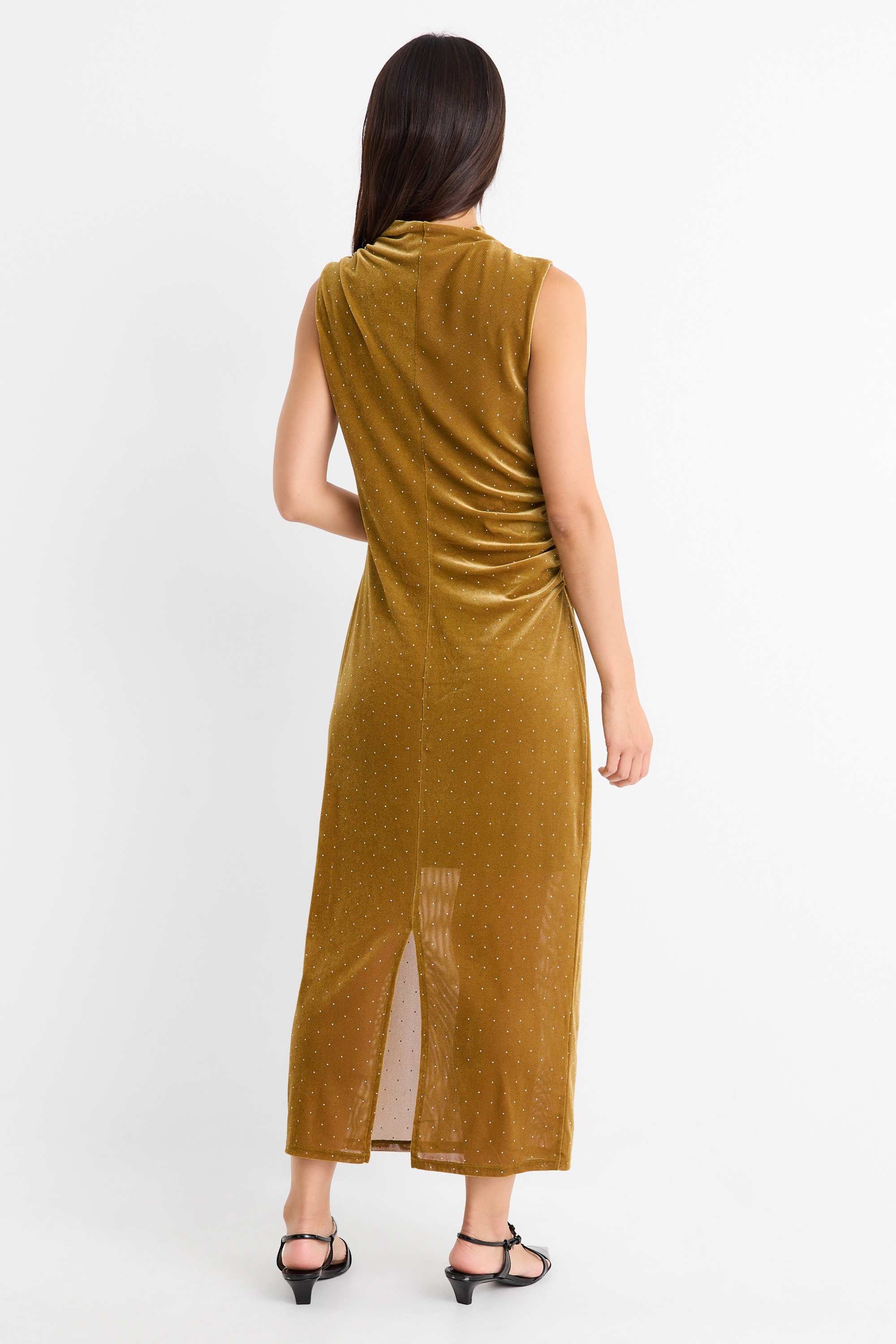 Velvet bodycon dress with rhinestones mustard yellow