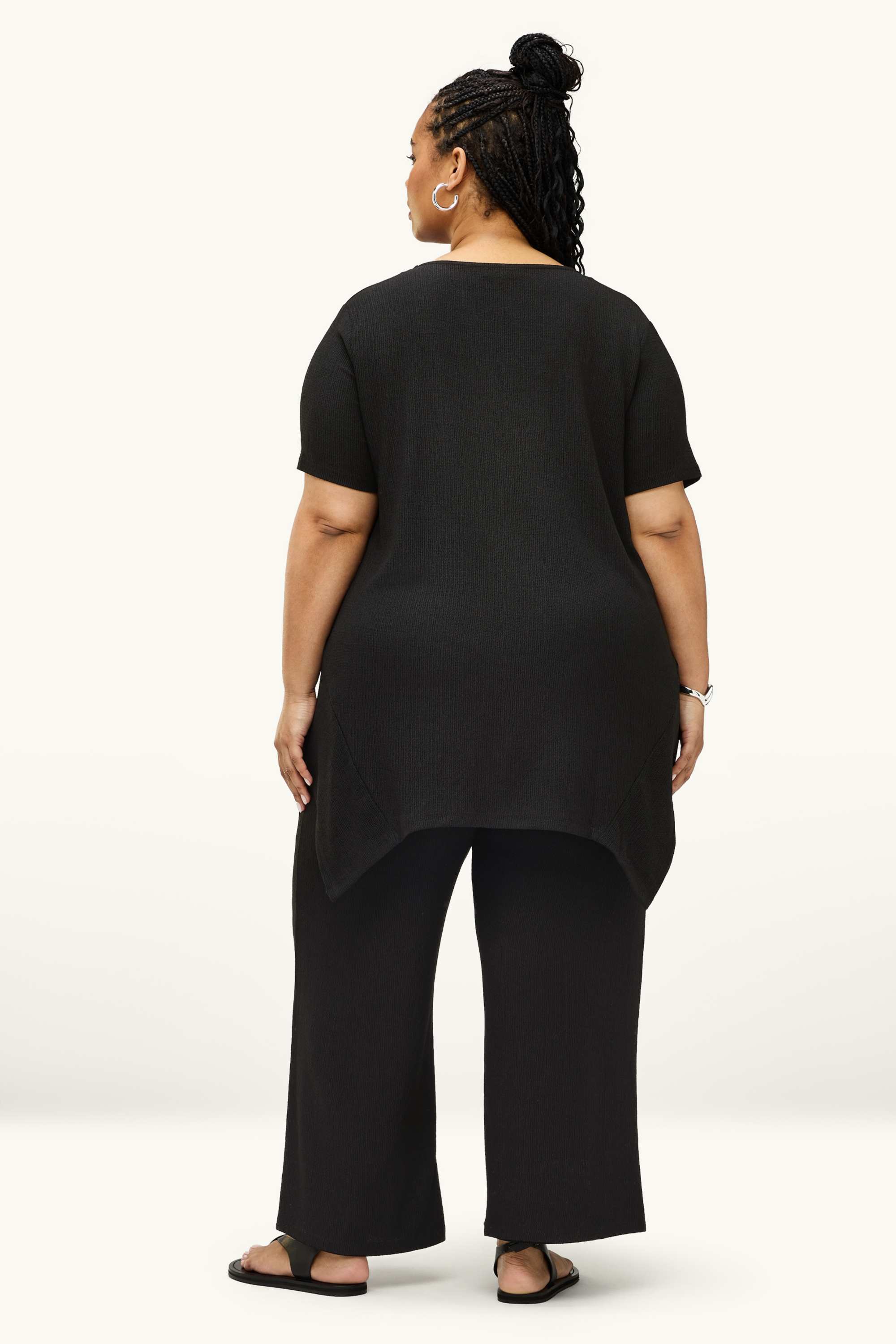 Jersey trousers - mid-rise waist - wide leg - textured black (2)