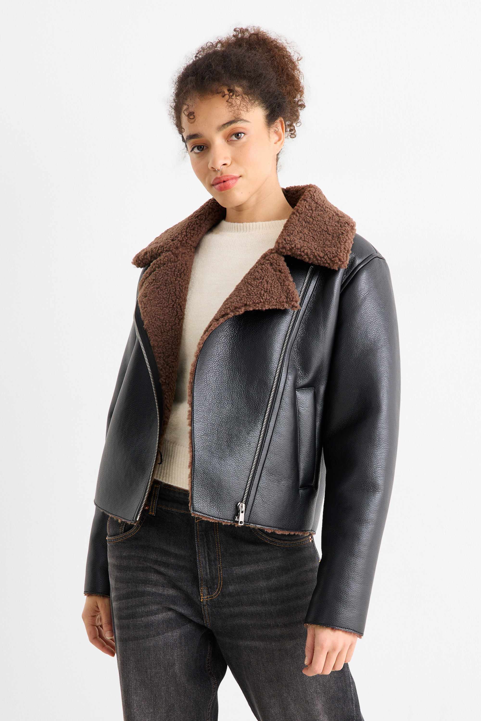 Faux shearling jacket - faux leather black