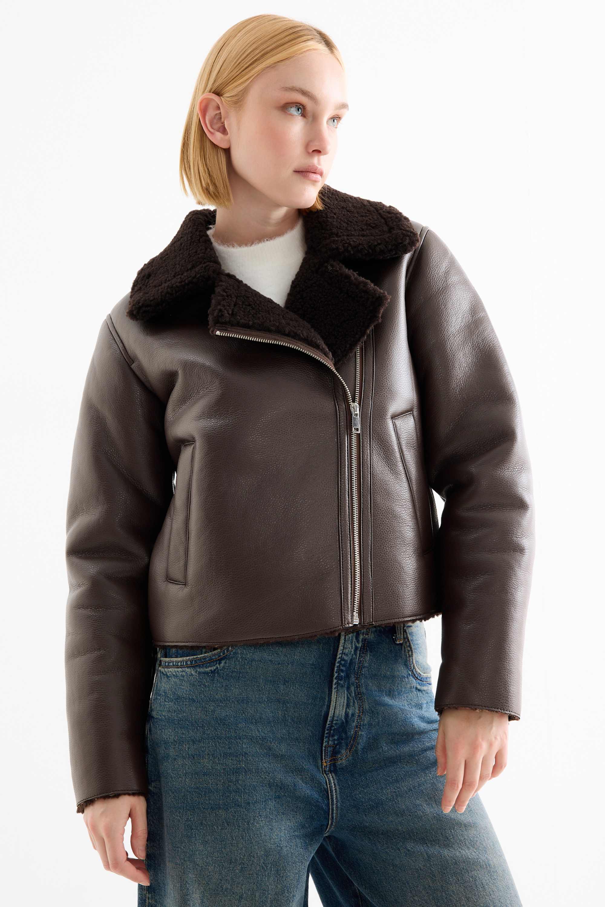 Faux shearling jacket - faux leather dark brown