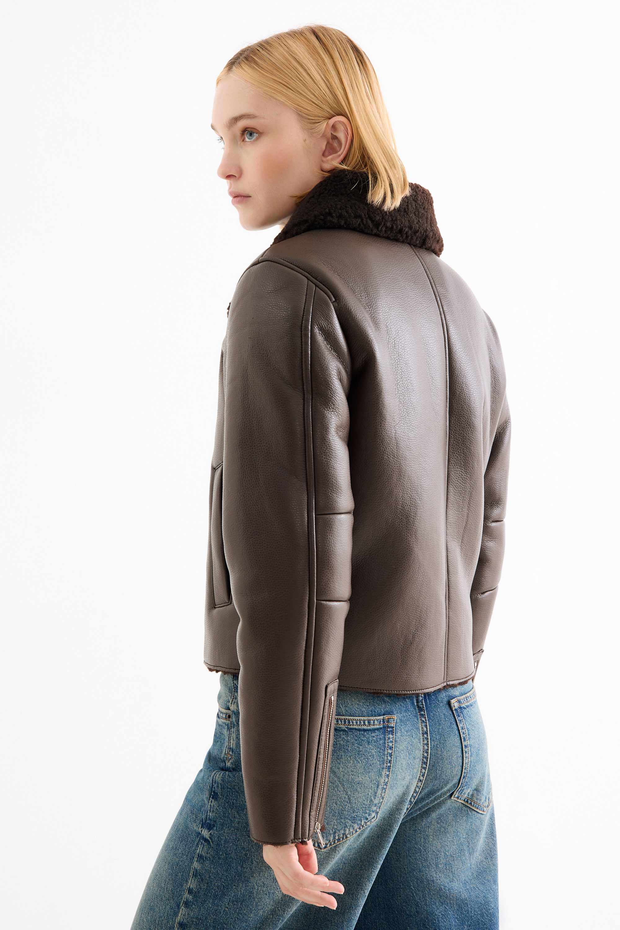 Faux shearling jacket - faux leather dark brown
