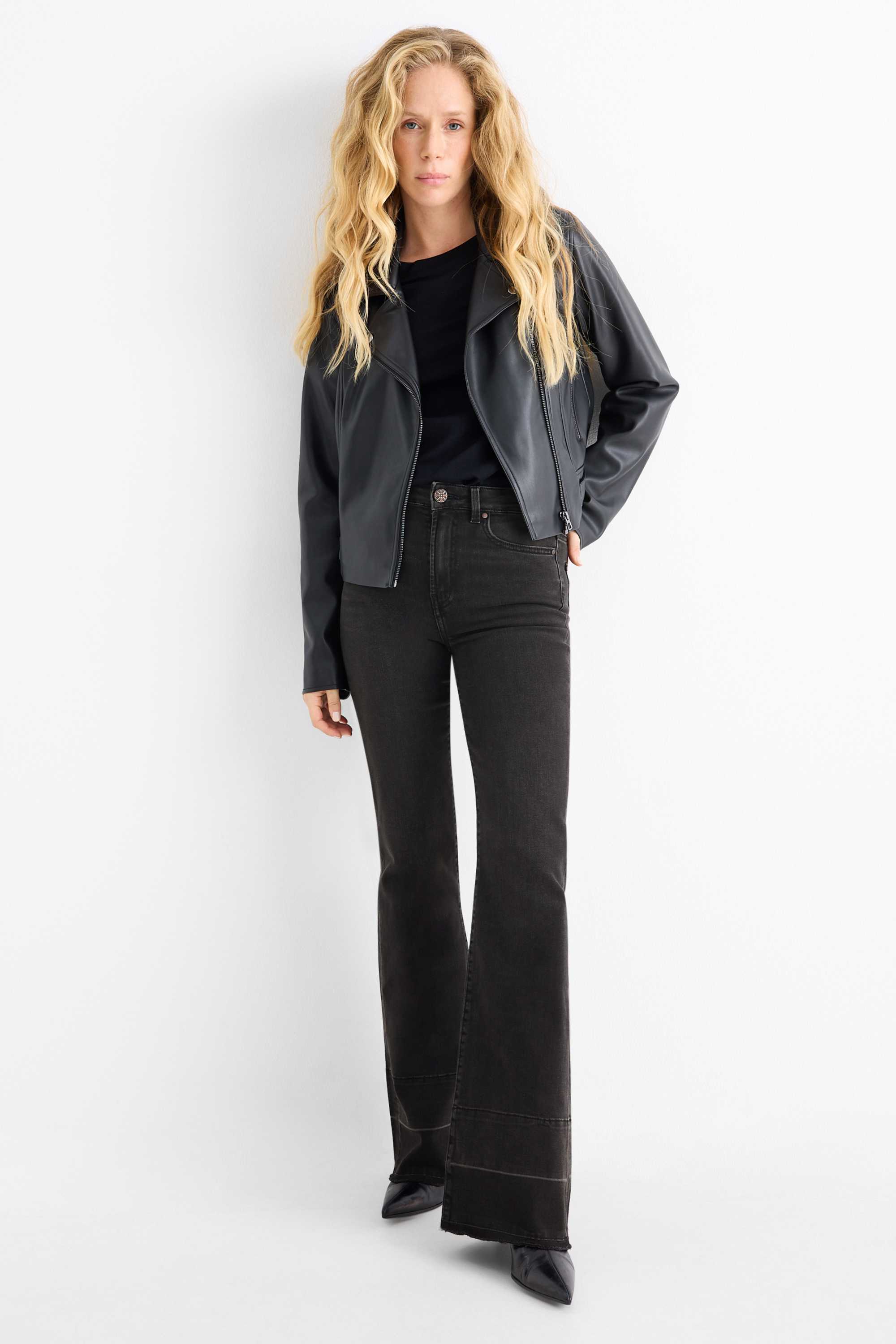 Flared jeans - mid-rise waist denim-dark gray