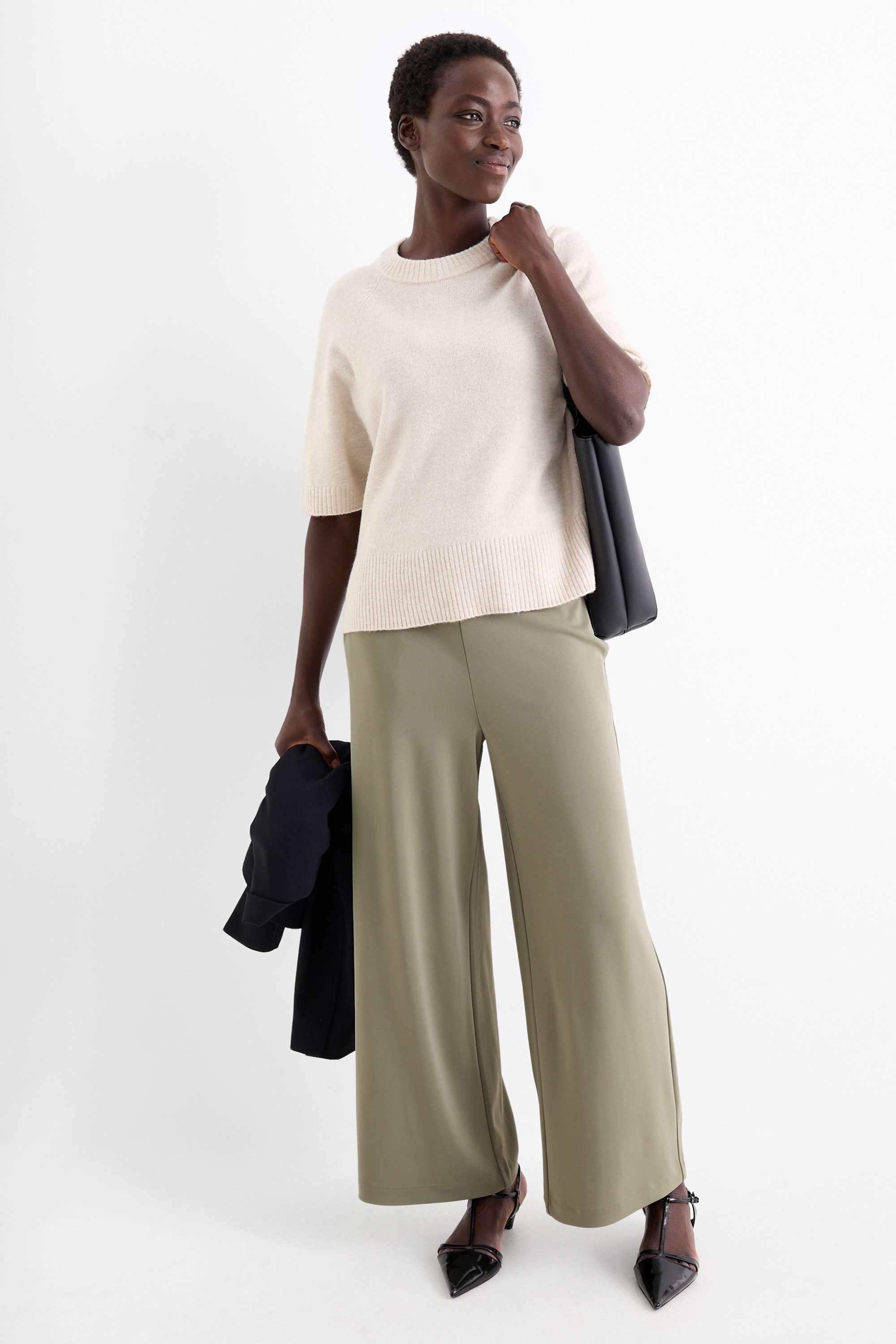 Jersey trousers - high waist - wide leg green
