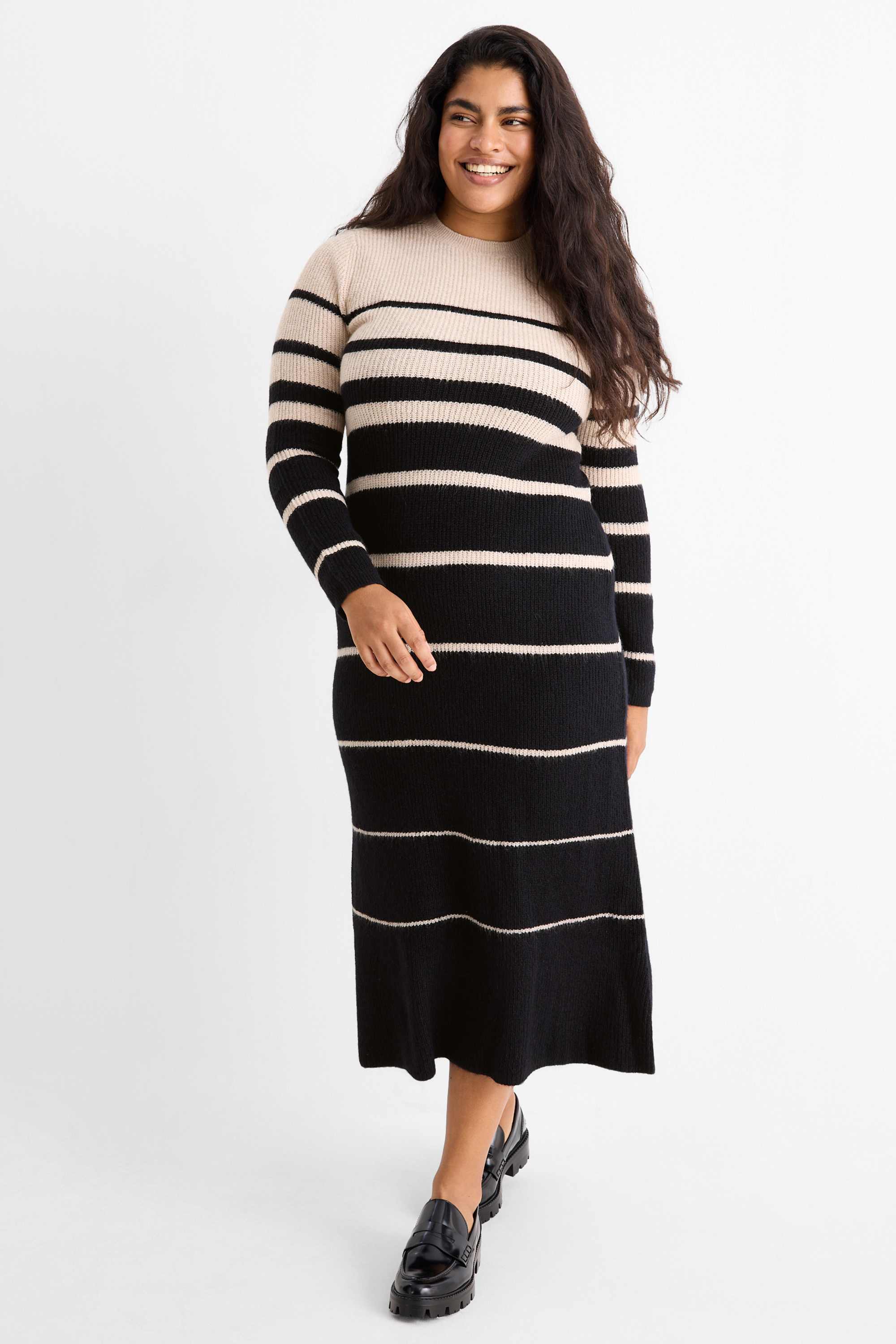 Fit & flare dress - ribbed - striped black / beige