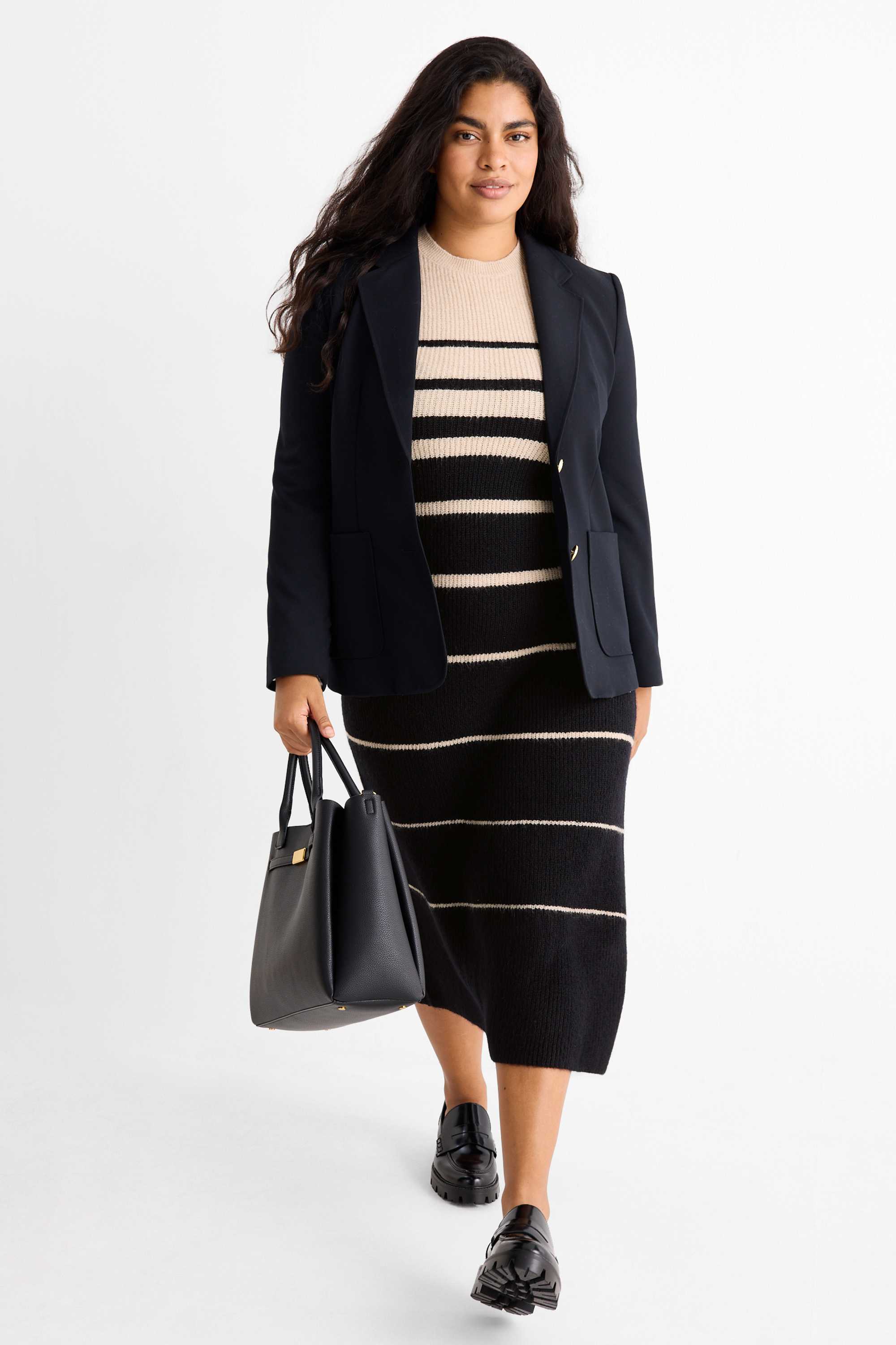 Fit & flare dress - ribbed - striped black / beige