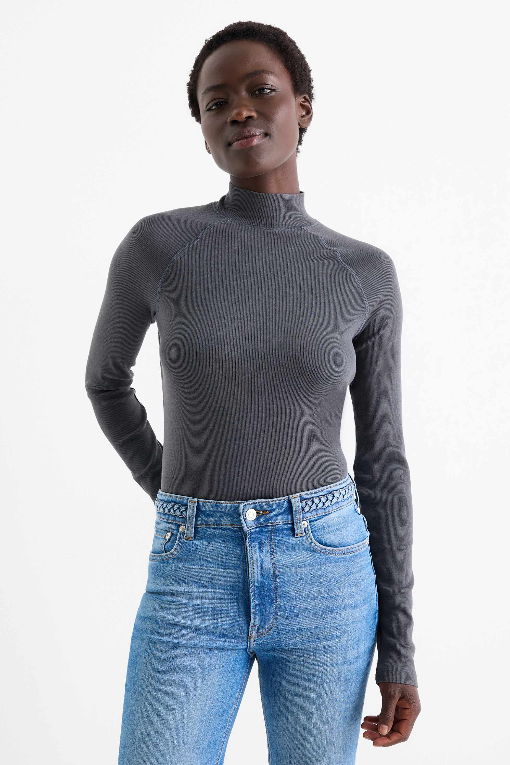 Long sleeve top - slim fit - ribbed dark gray