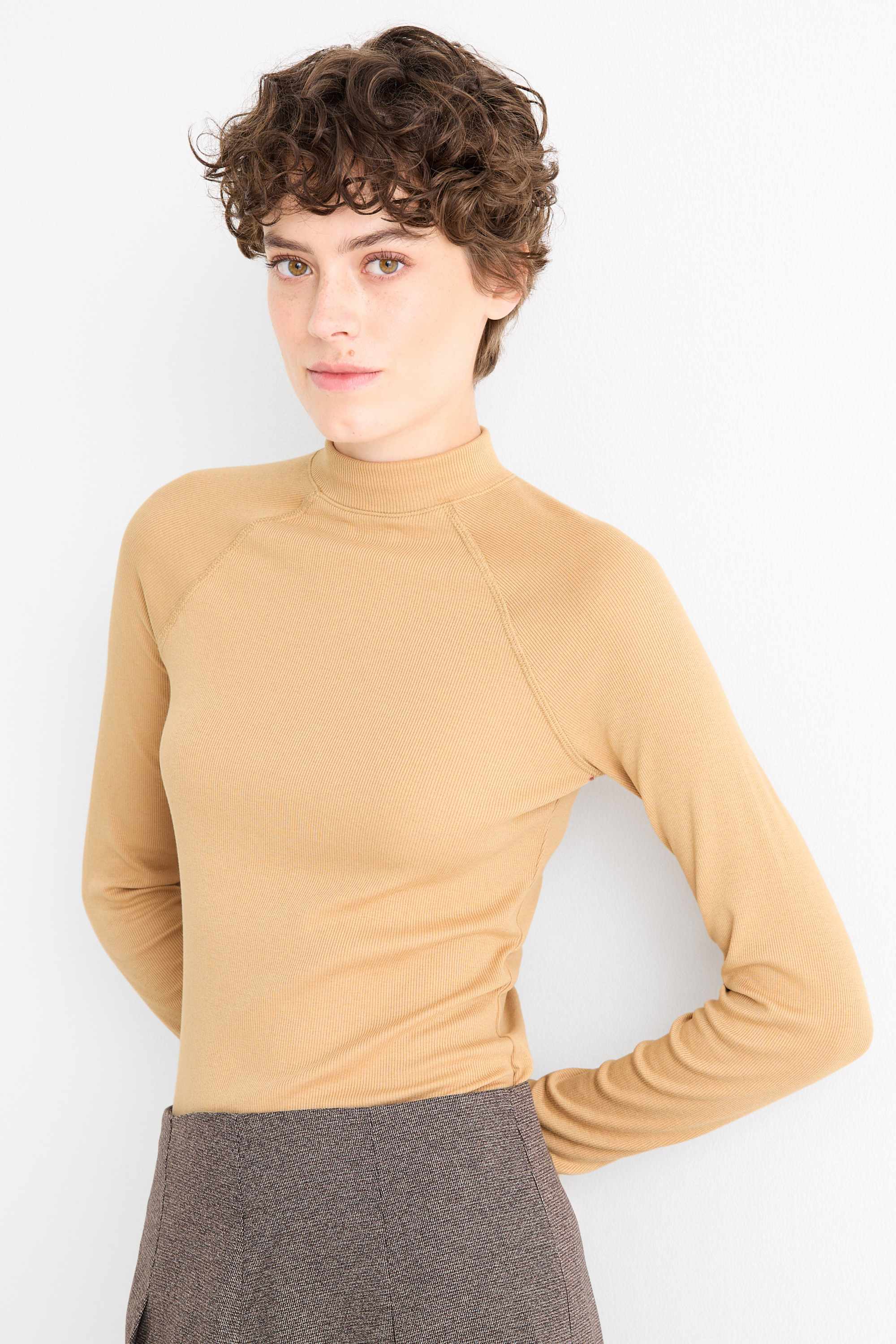 Long sleeve top - slim fit - ribbed light beige