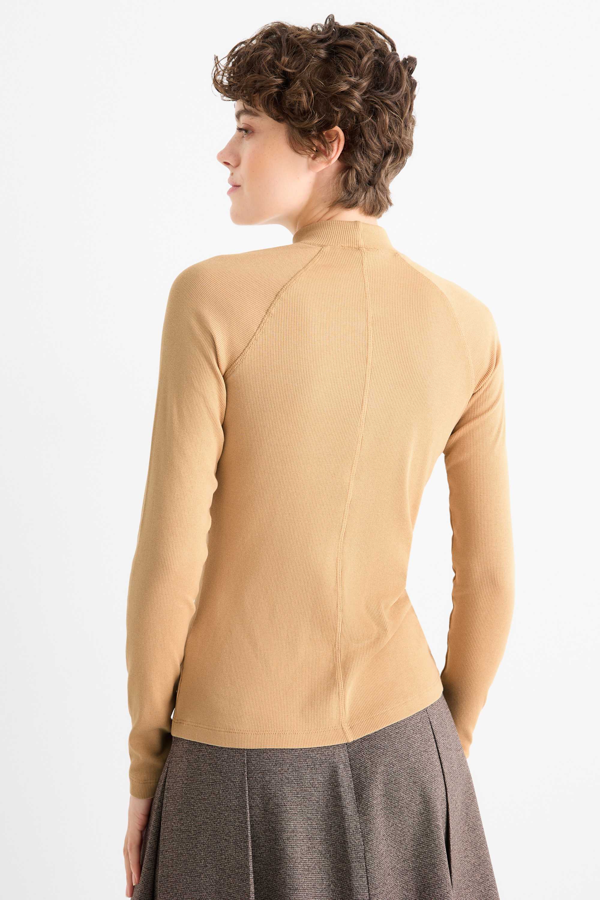 Long sleeve top - slim fit - ribbed light beige