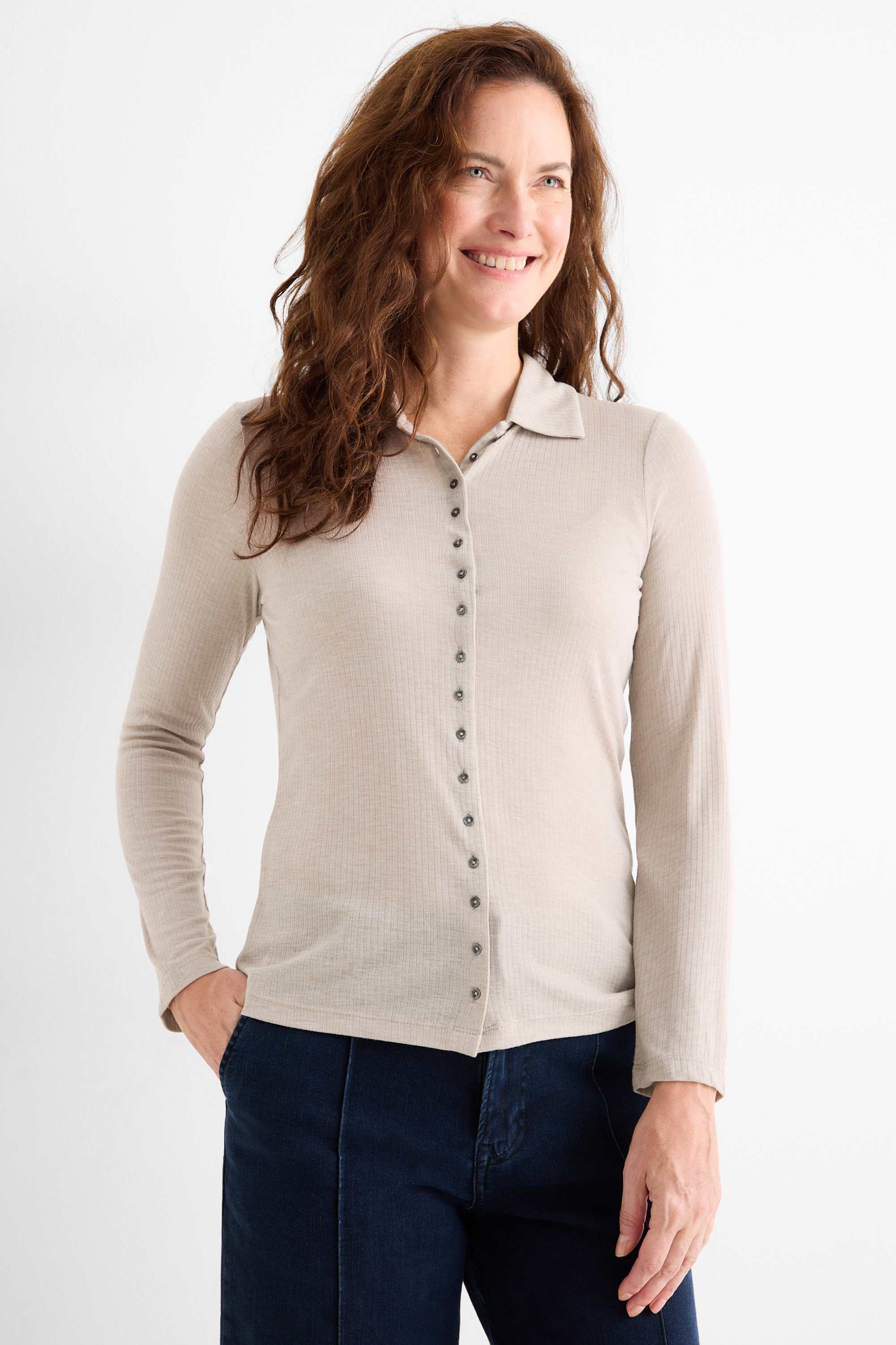 Long sleeve polo shirt - regular fit - ribbed beige