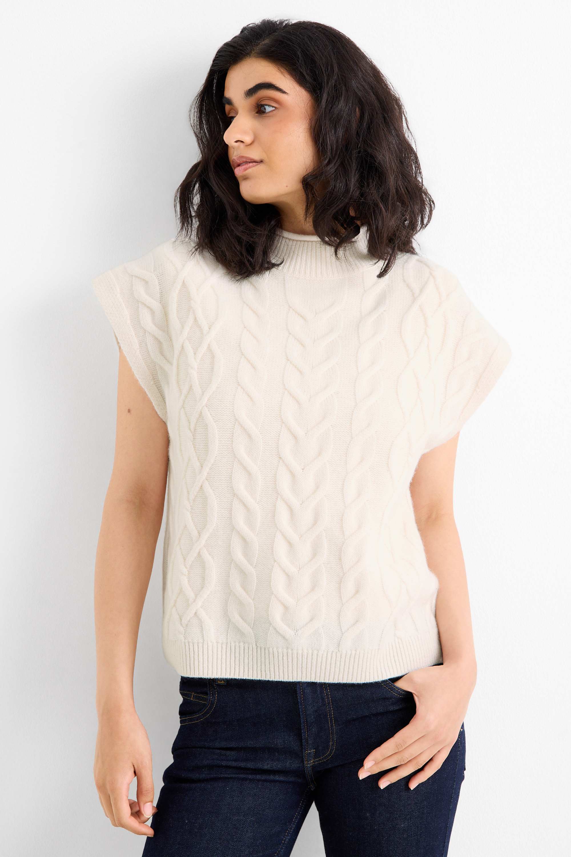 Knitted jumper with cashmere content - short sleeve - wool blend cremewhite