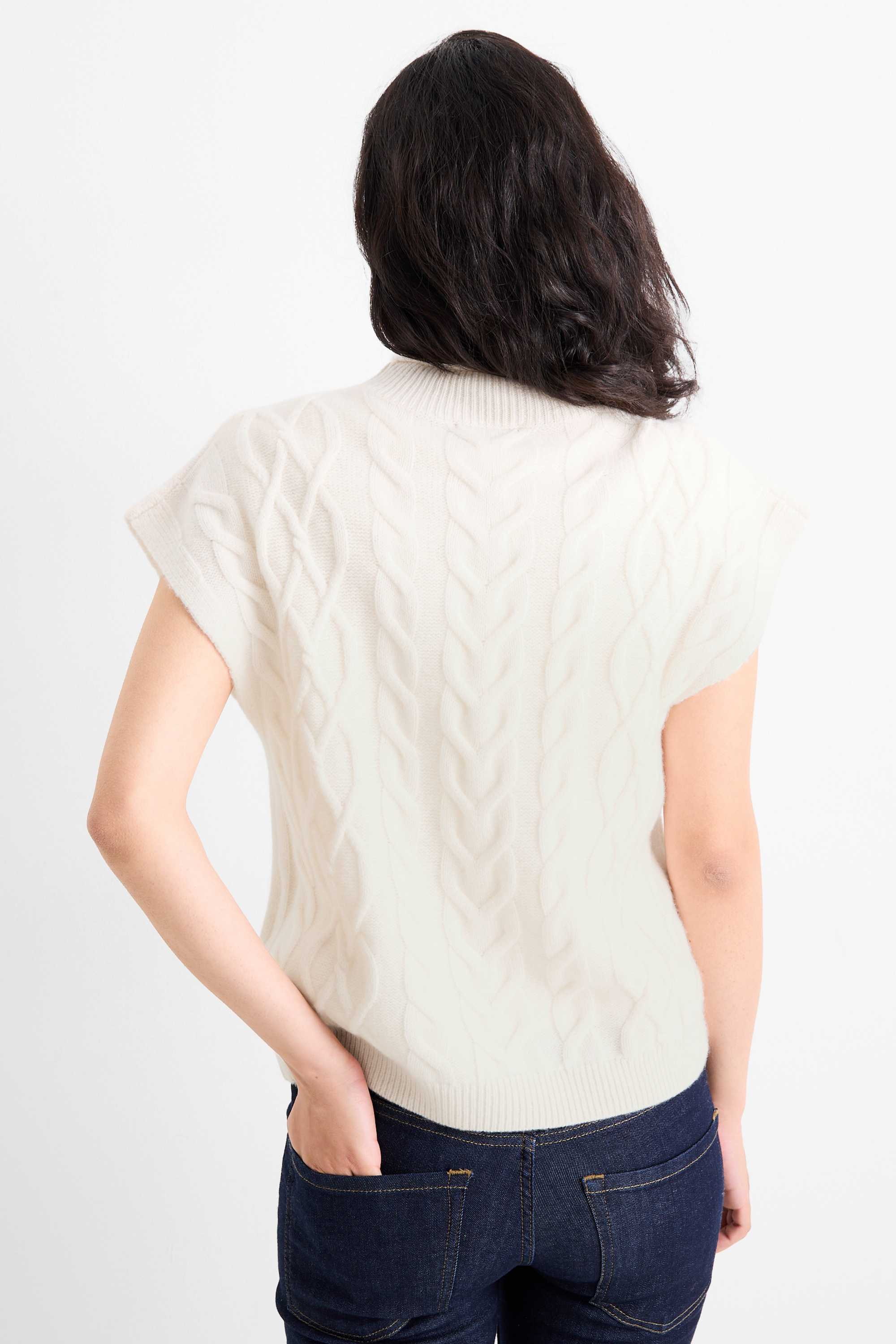 Knitted jumper with cashmere content - short sleeve - wool blend cremewhite