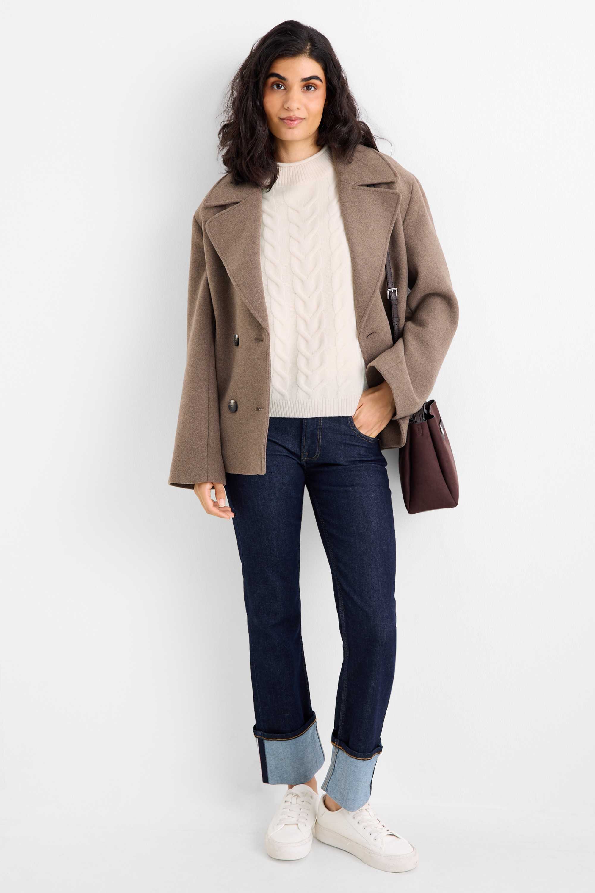 Knitted jumper with cashmere content - short sleeve - wool blend cremewhite
