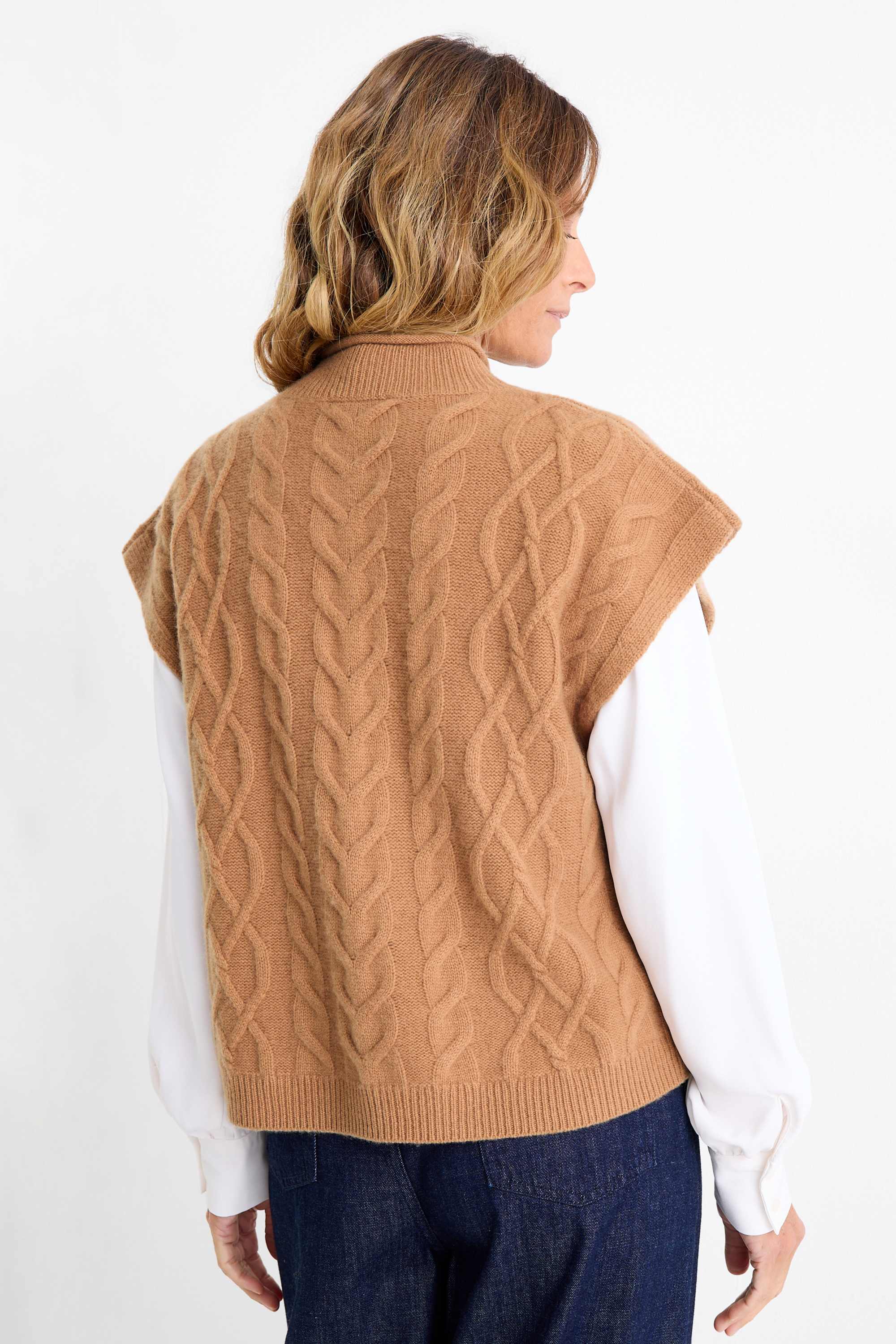 Knitted jumper with cashmere content - short sleeve - wool blend light brown