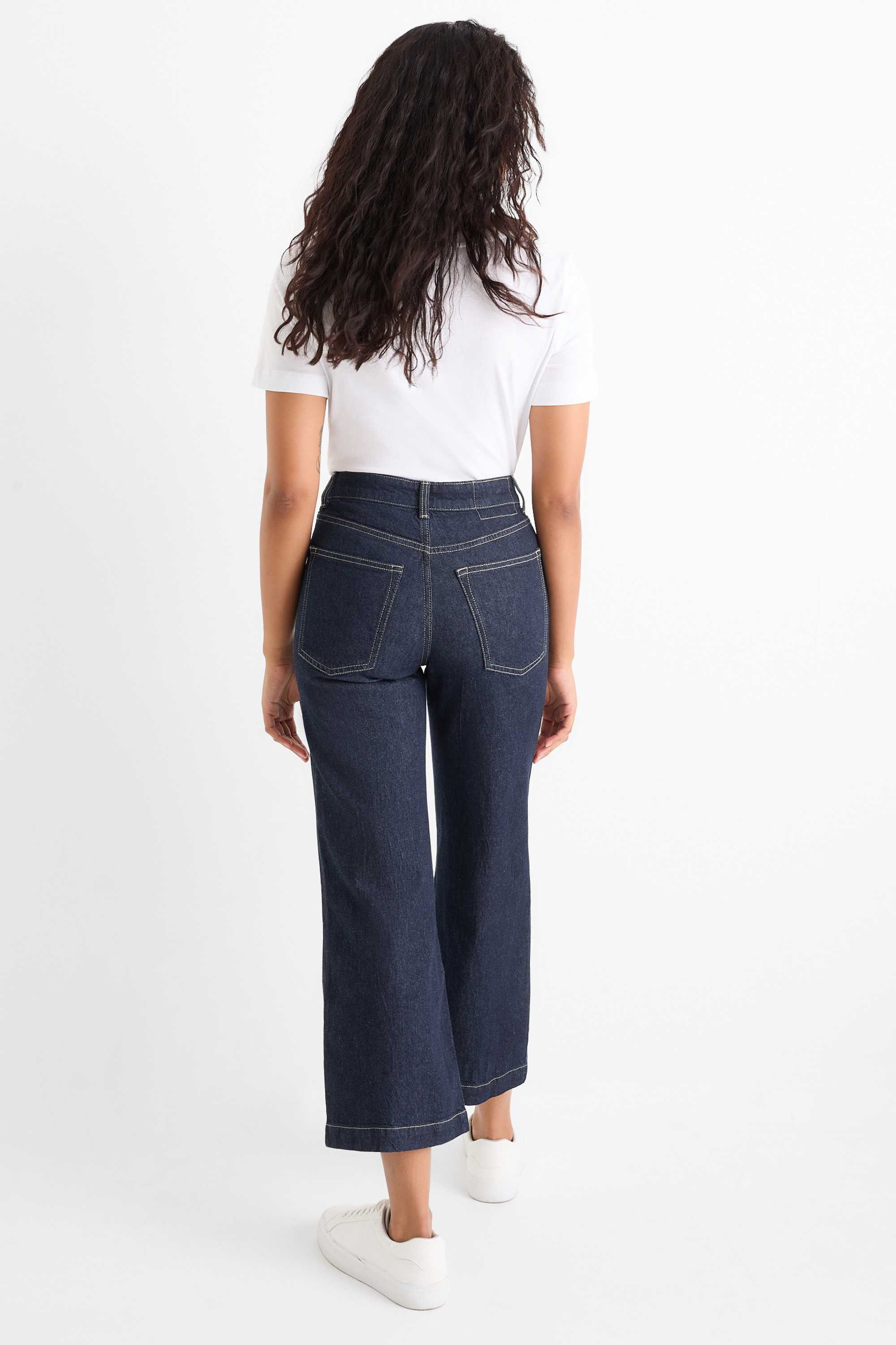 Cropped wide leg jeans - mid-rise waist denim-dark blue (1)