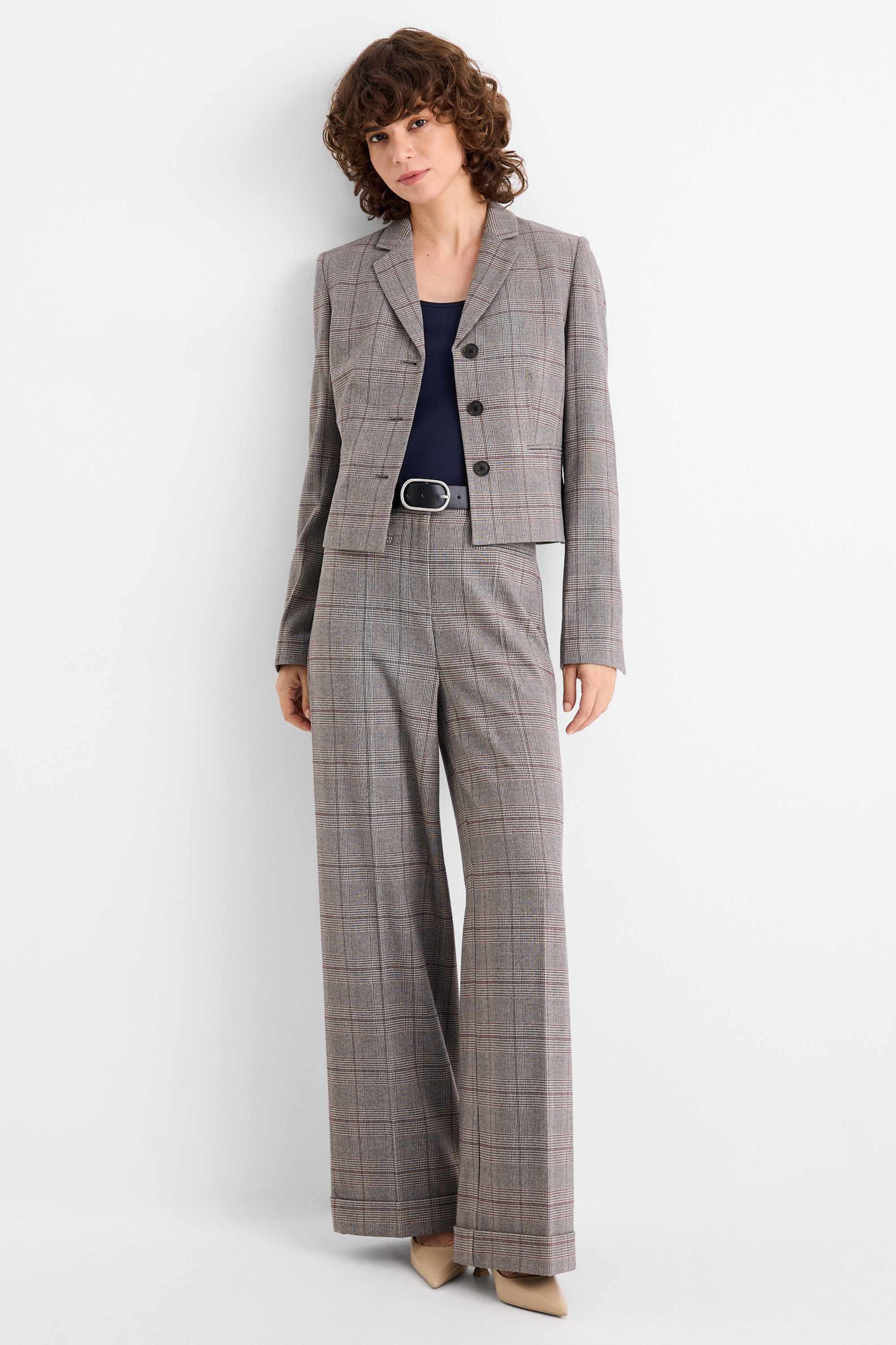 Business trousers - high waist - relaxed fit - check gray