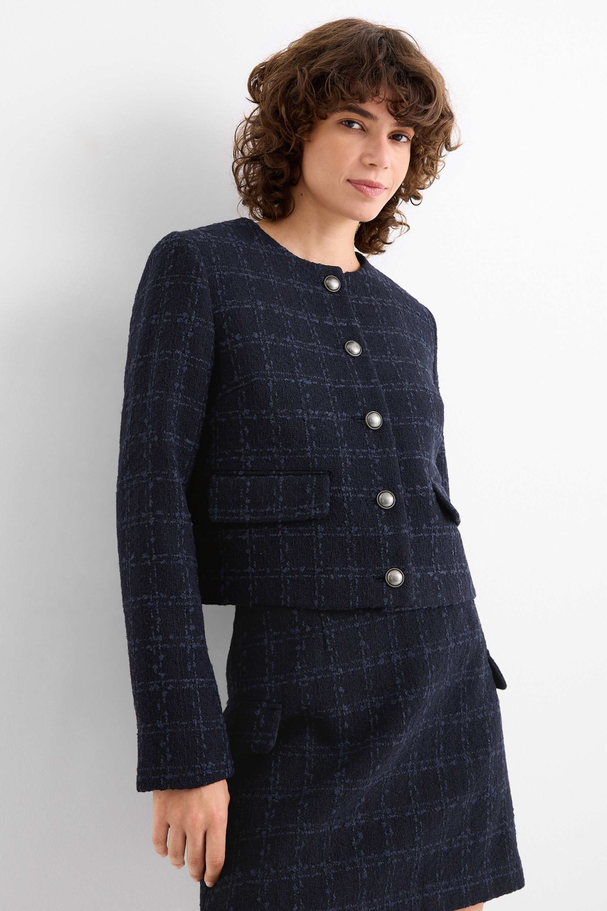 Cropped bouclé blazer - regular fit - check dark blue