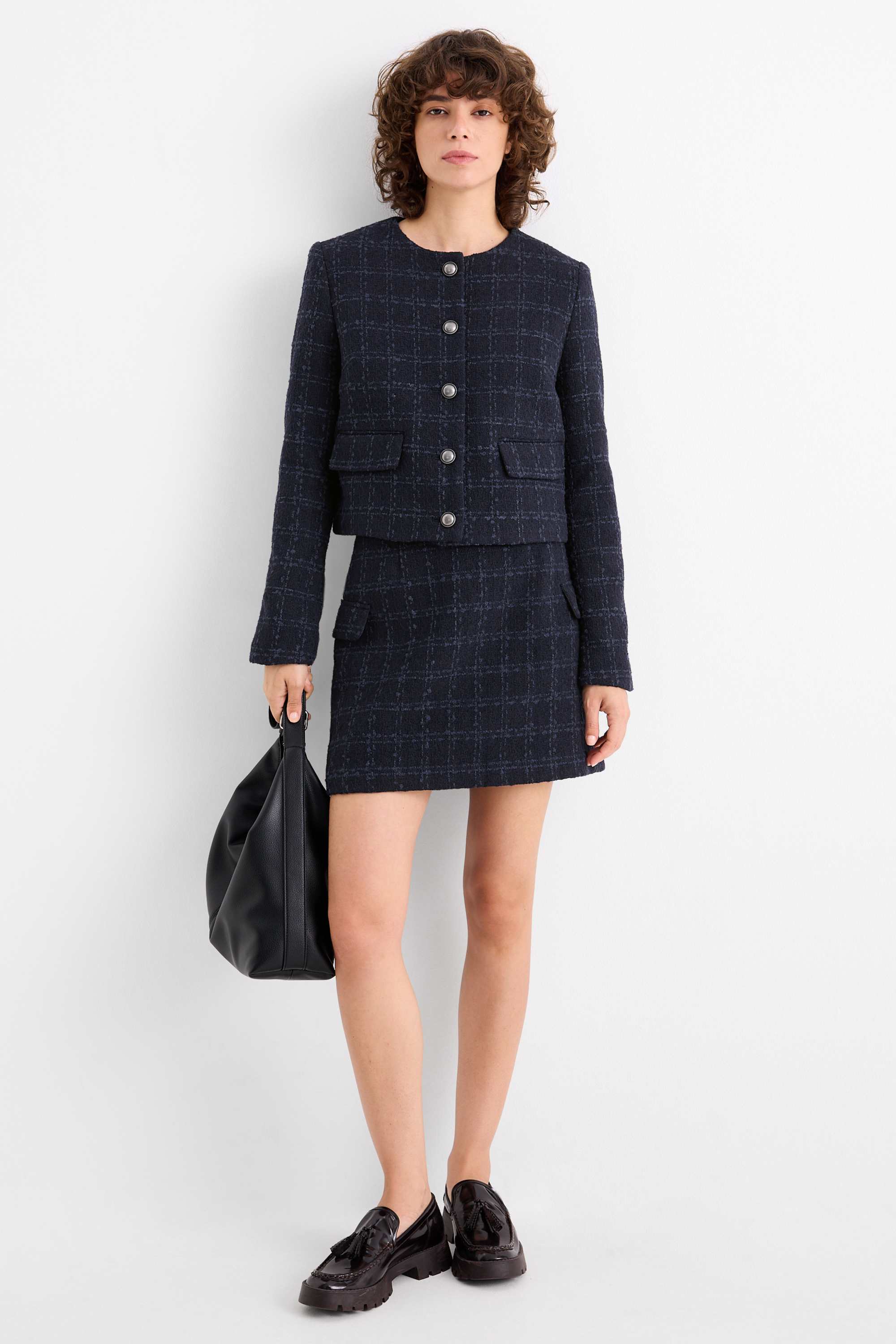Cropped bouclé blazer - regular fit - check dark blue