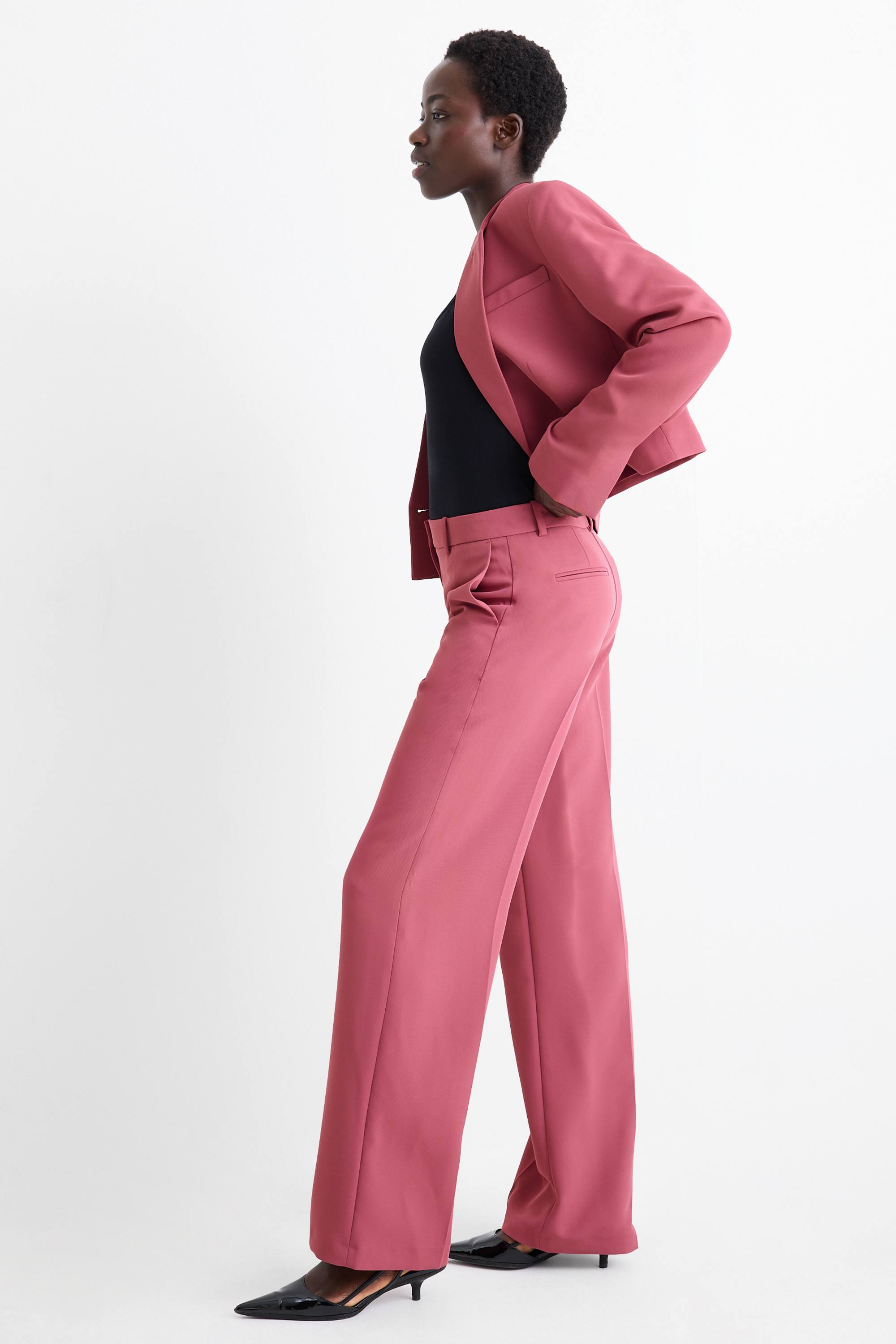 Business trousers - mid-rise waist - wide leg dark rose