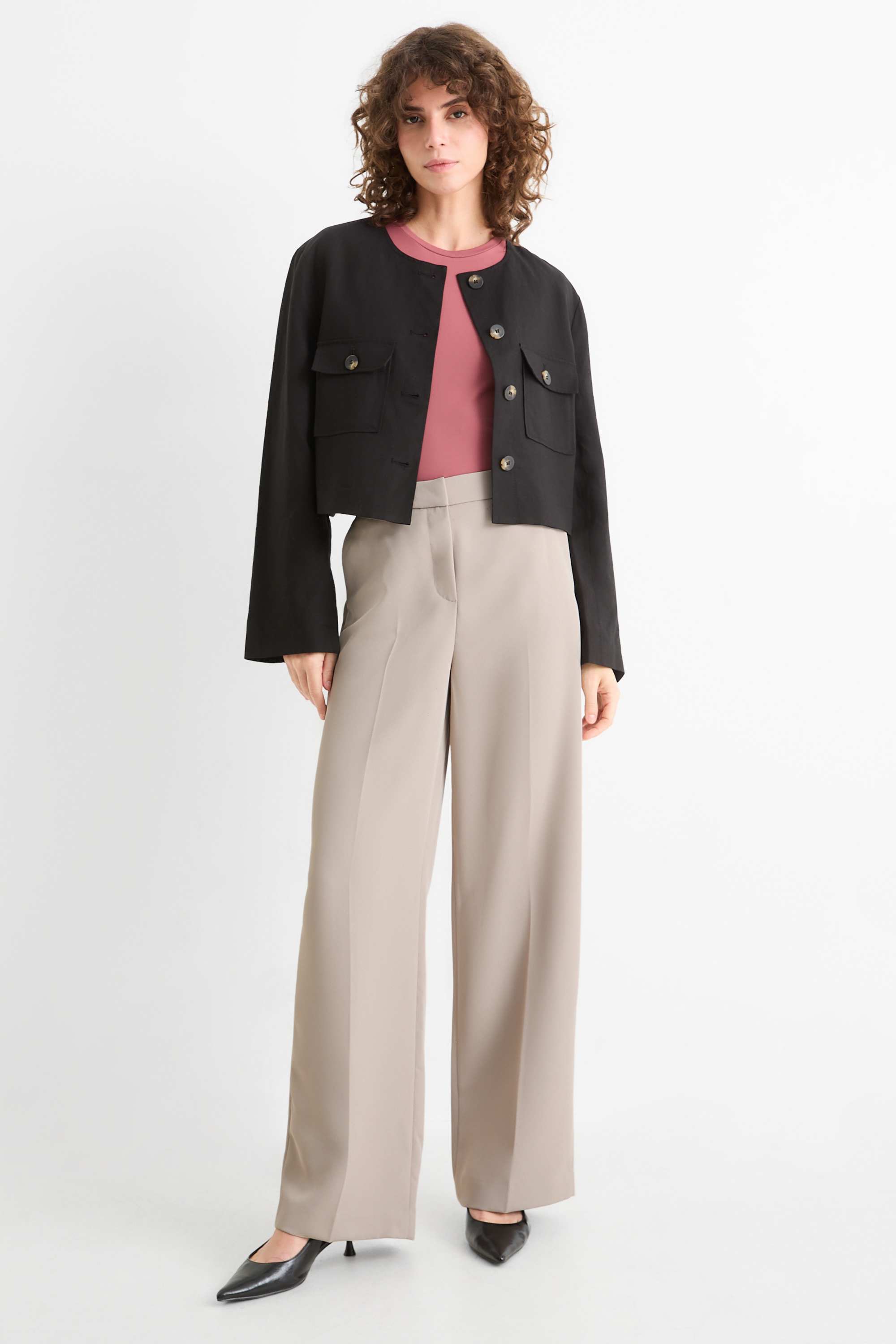 Business trousers - mid-rise waist - wide leg taupe