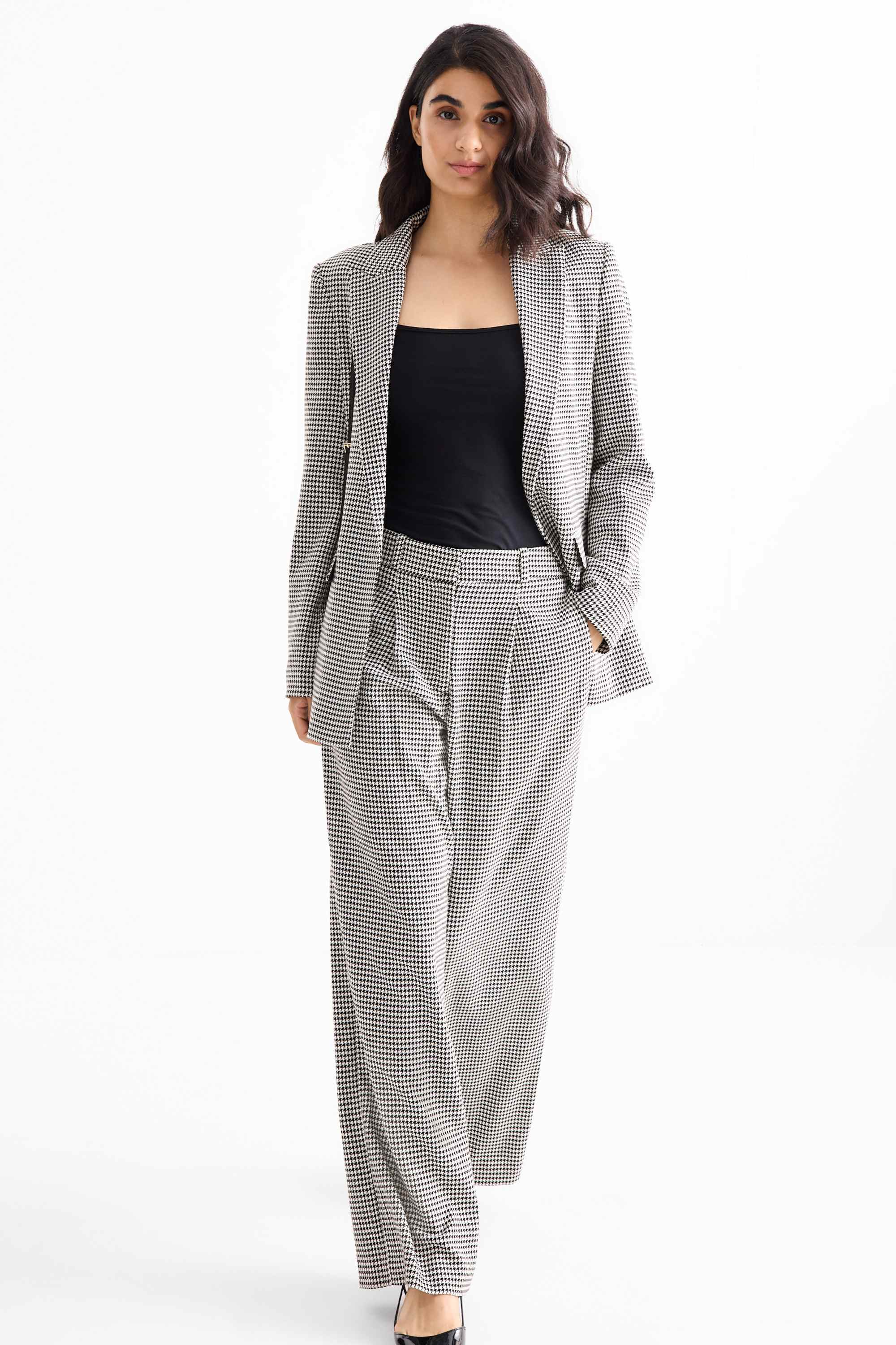 Business trousers - high waist - loose fit - check black / white