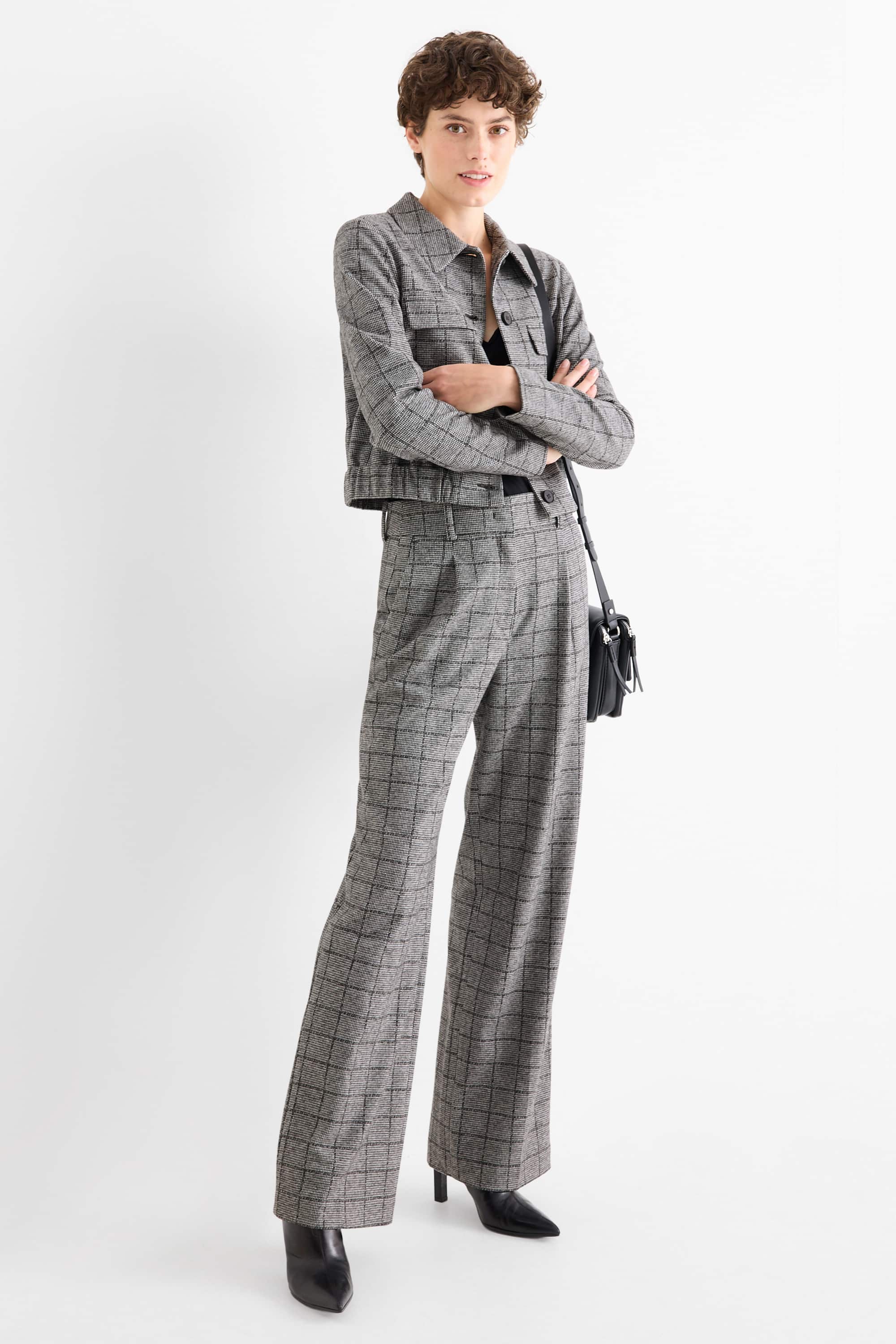 Business trousers - mid-rise waist - relaxed fit - check gray