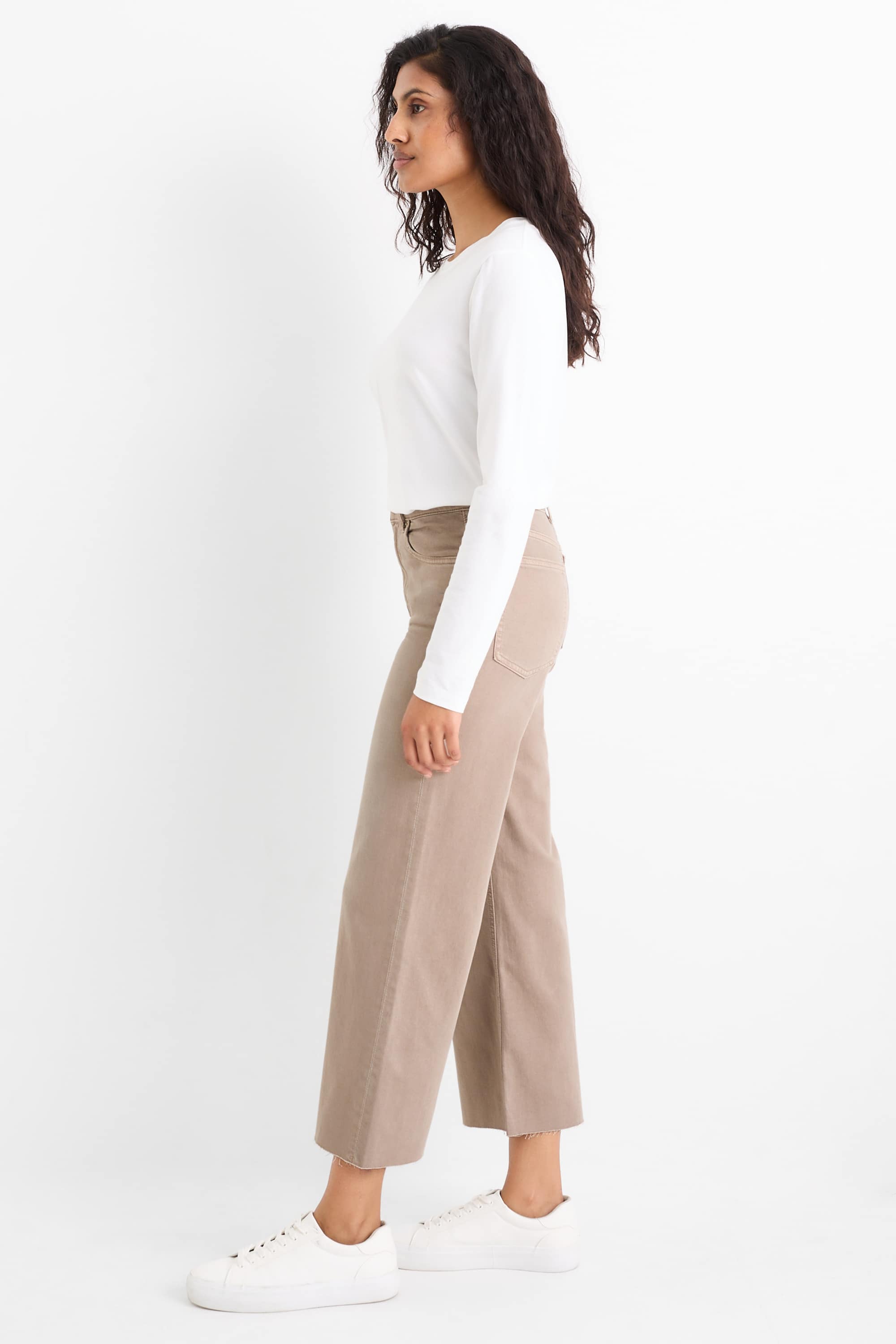 Cropped wide leg jeans - mid-rise waist denim-gray