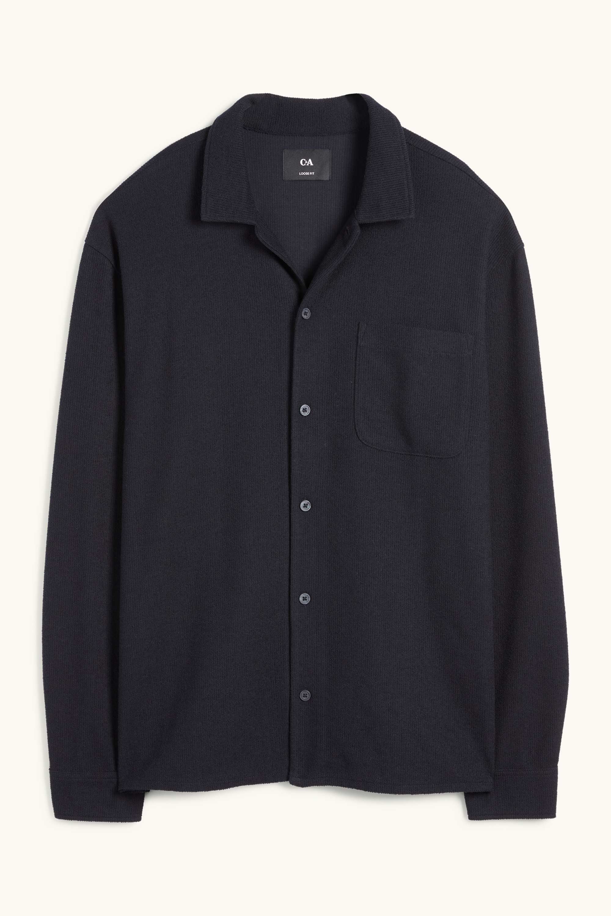 Knitted shirt - loose fit - lapel collar - ribbed black