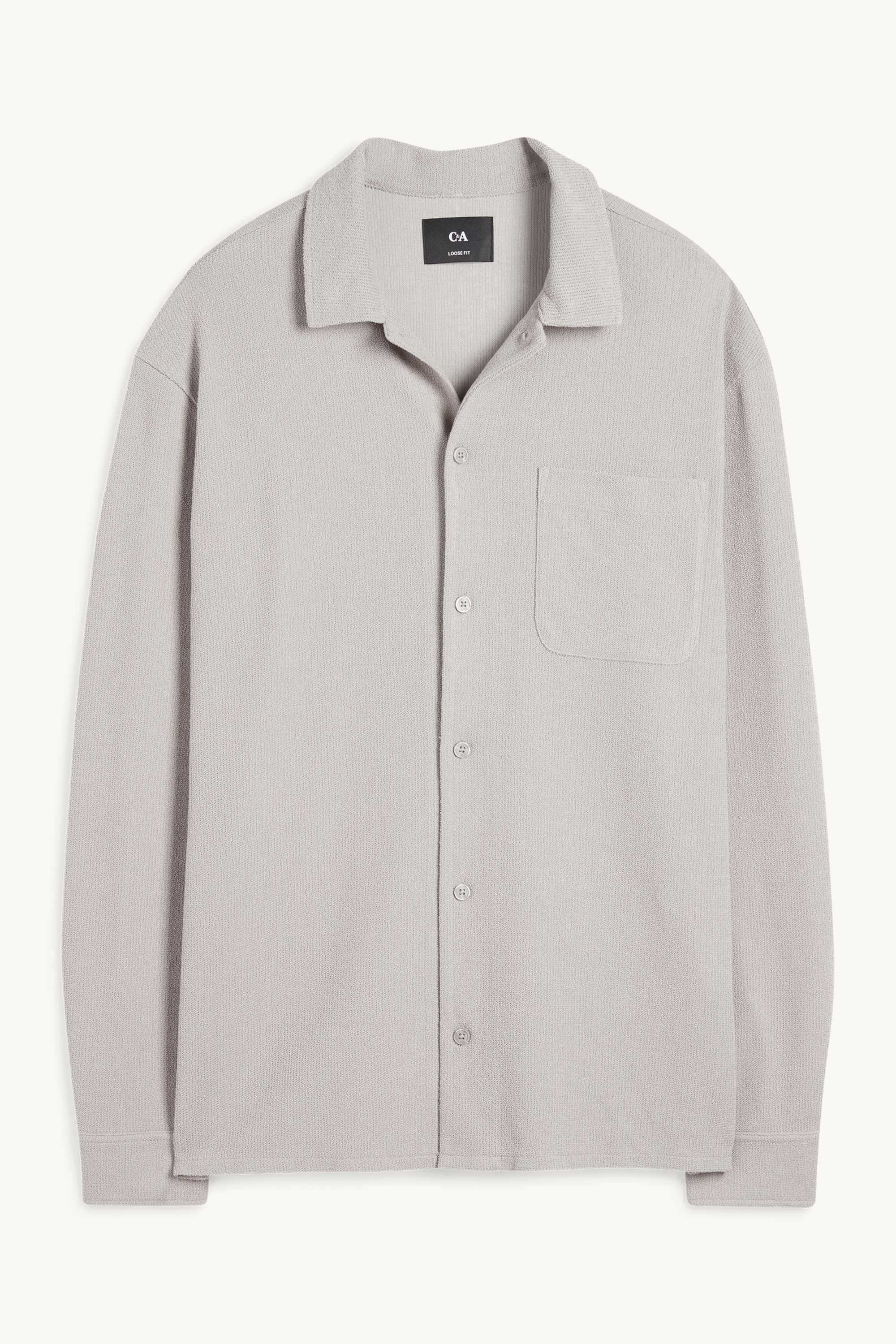 Knitted shirt - loose fit - lapel collar - ribbed gray