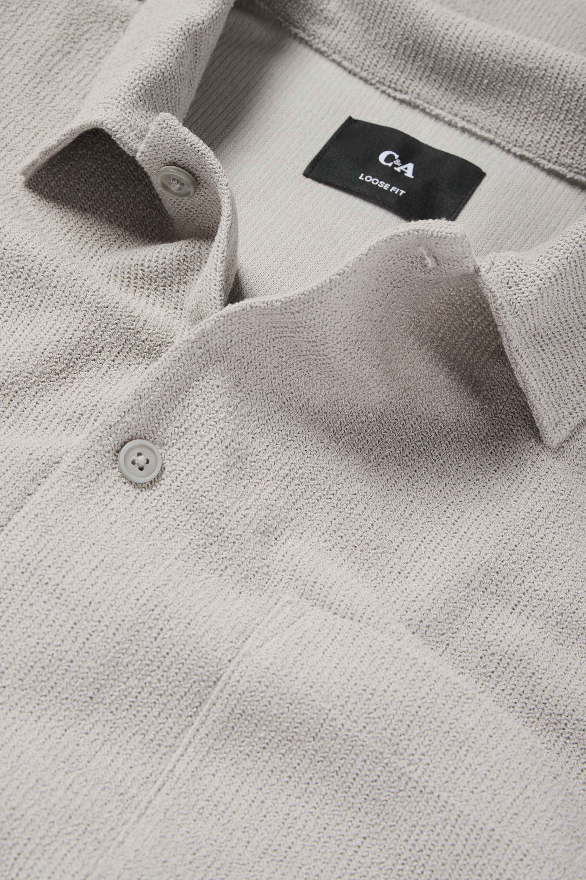 Knitted shirt - loose fit - lapel collar - ribbed gray