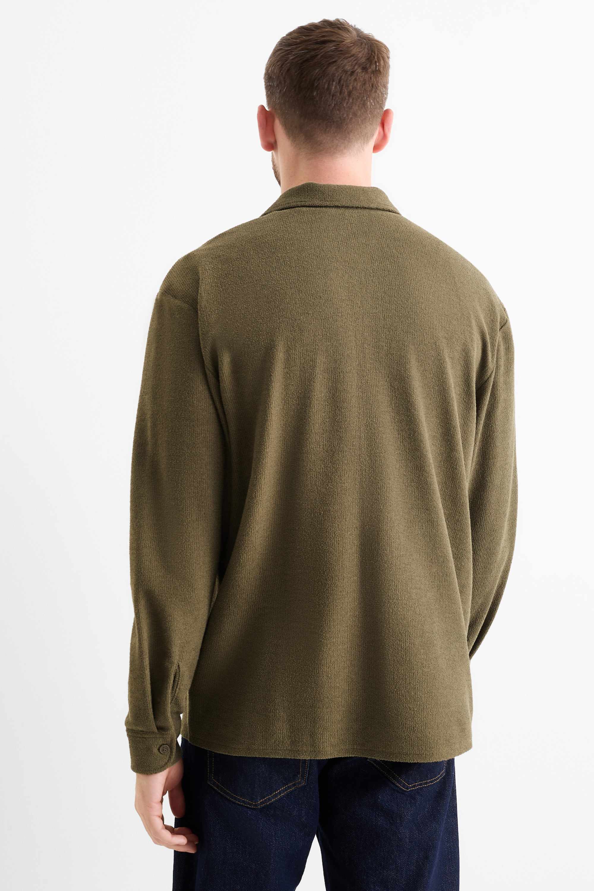 Knitted shirt - loose fit - lapel collar - ribbed green
