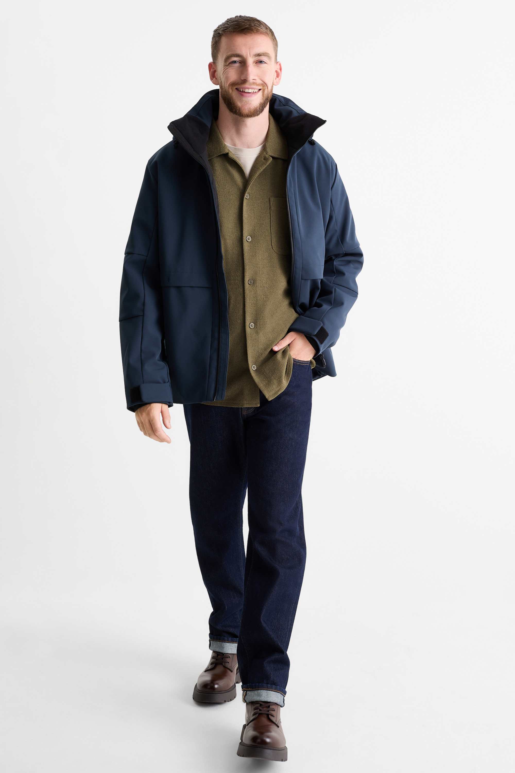 Knitted shirt - loose fit - lapel collar - ribbed green
