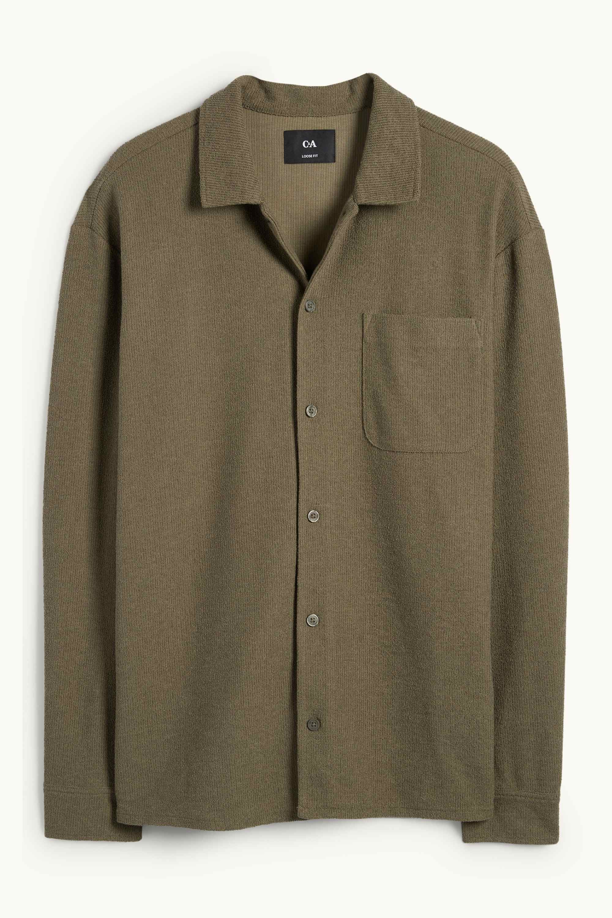 Knitted shirt - loose fit - lapel collar - ribbed green