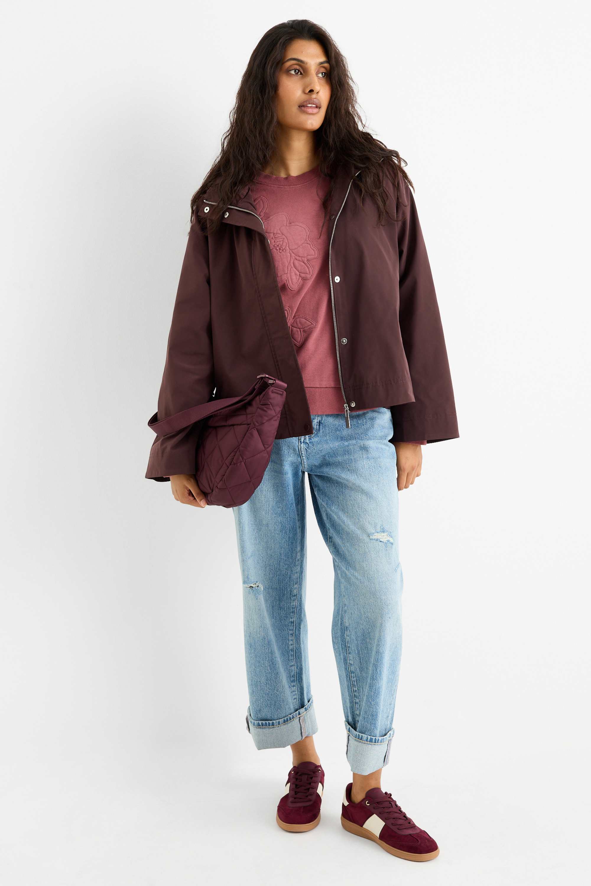 Jacket with hood dark red