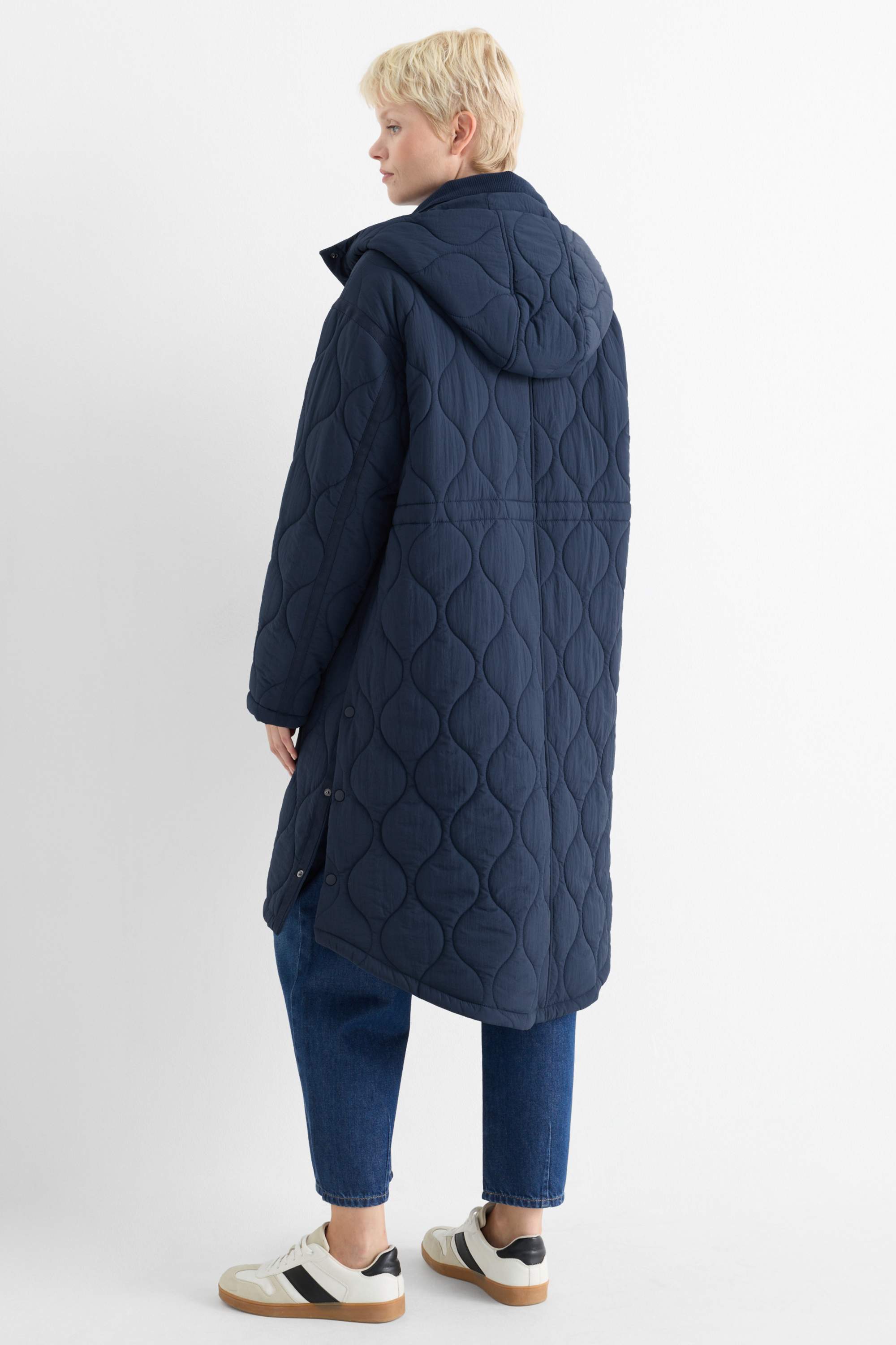 Quilted coat with hood dark blue