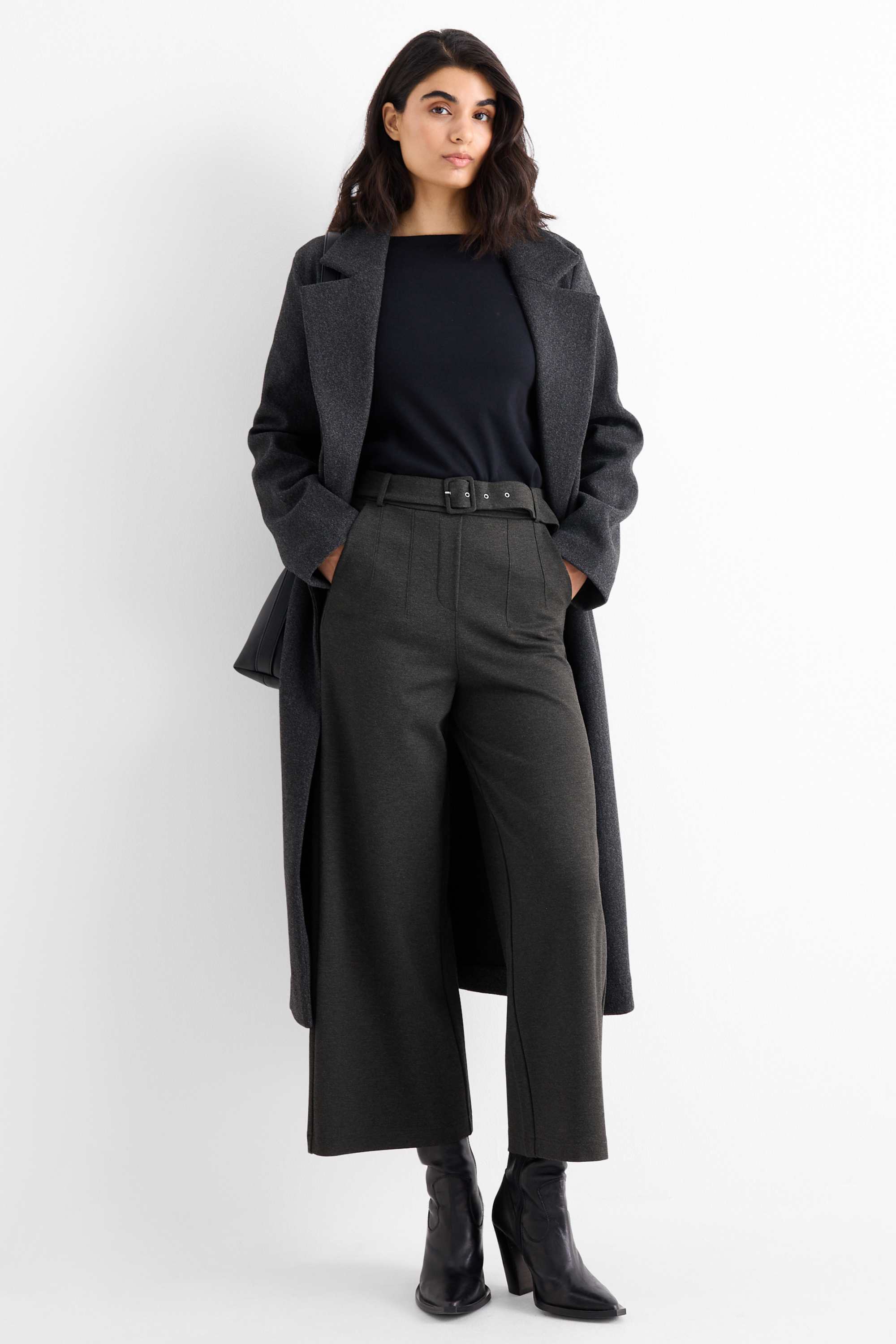 Jersey trousers with belt - high-rise waist - wide leg dark gray