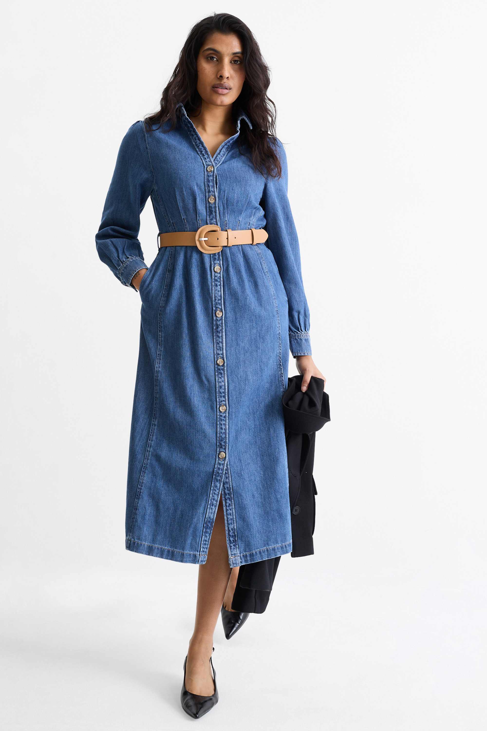 Denim shirt dress with V-neck and belt blue denim