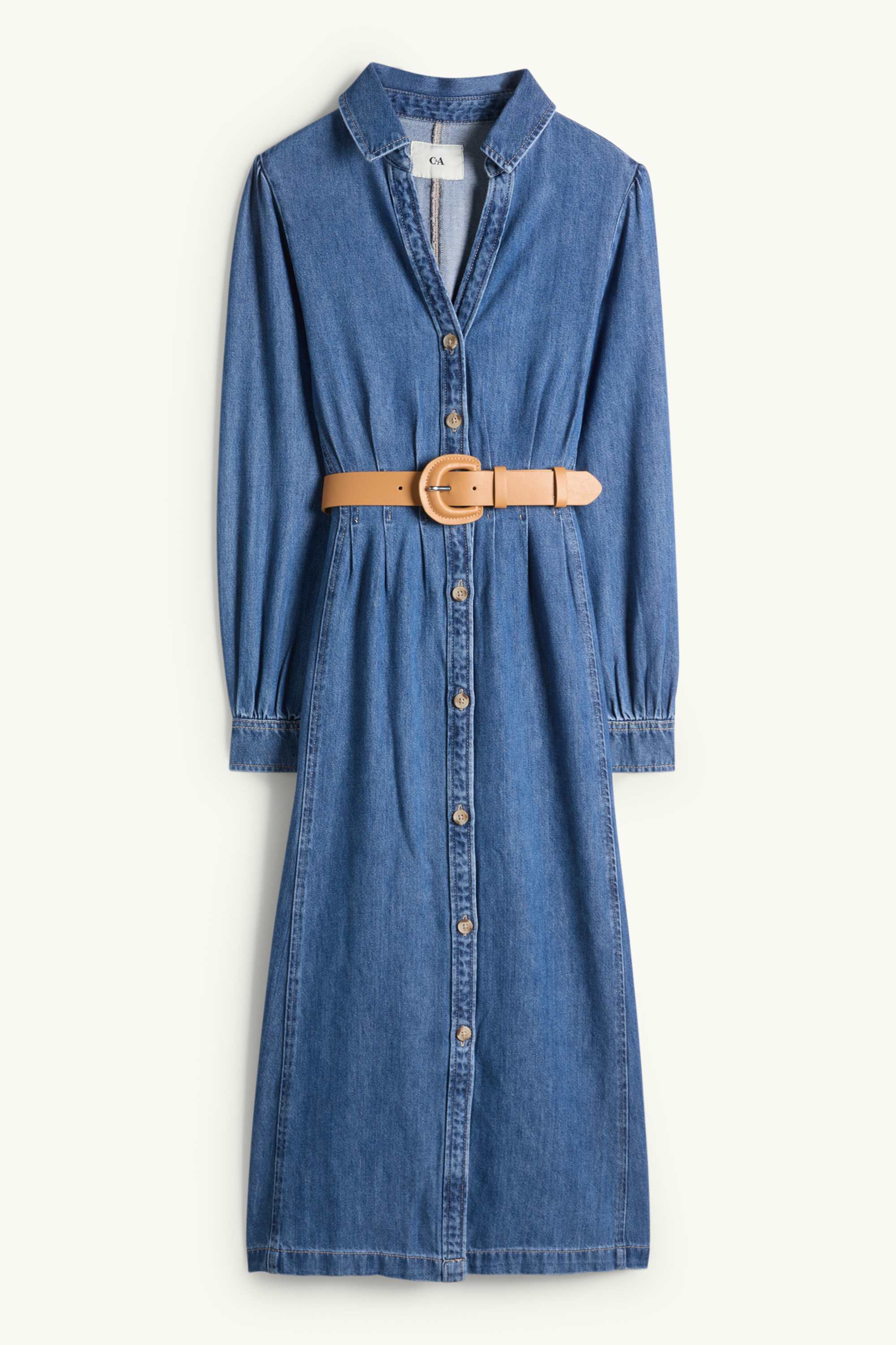 Denim shirt dress with V-neck and belt blue denim