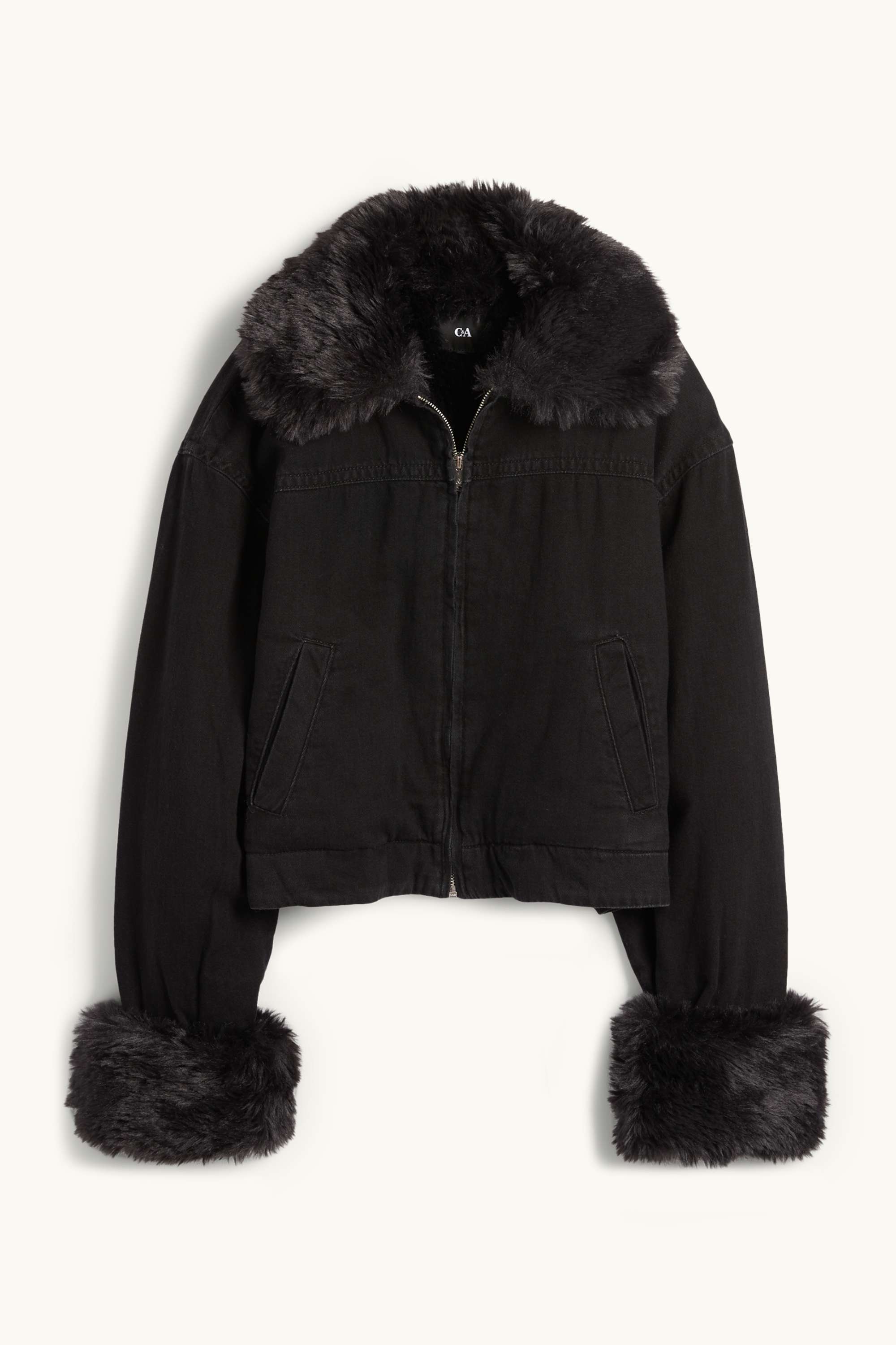 Denim jacket with faux fur trim - lined black